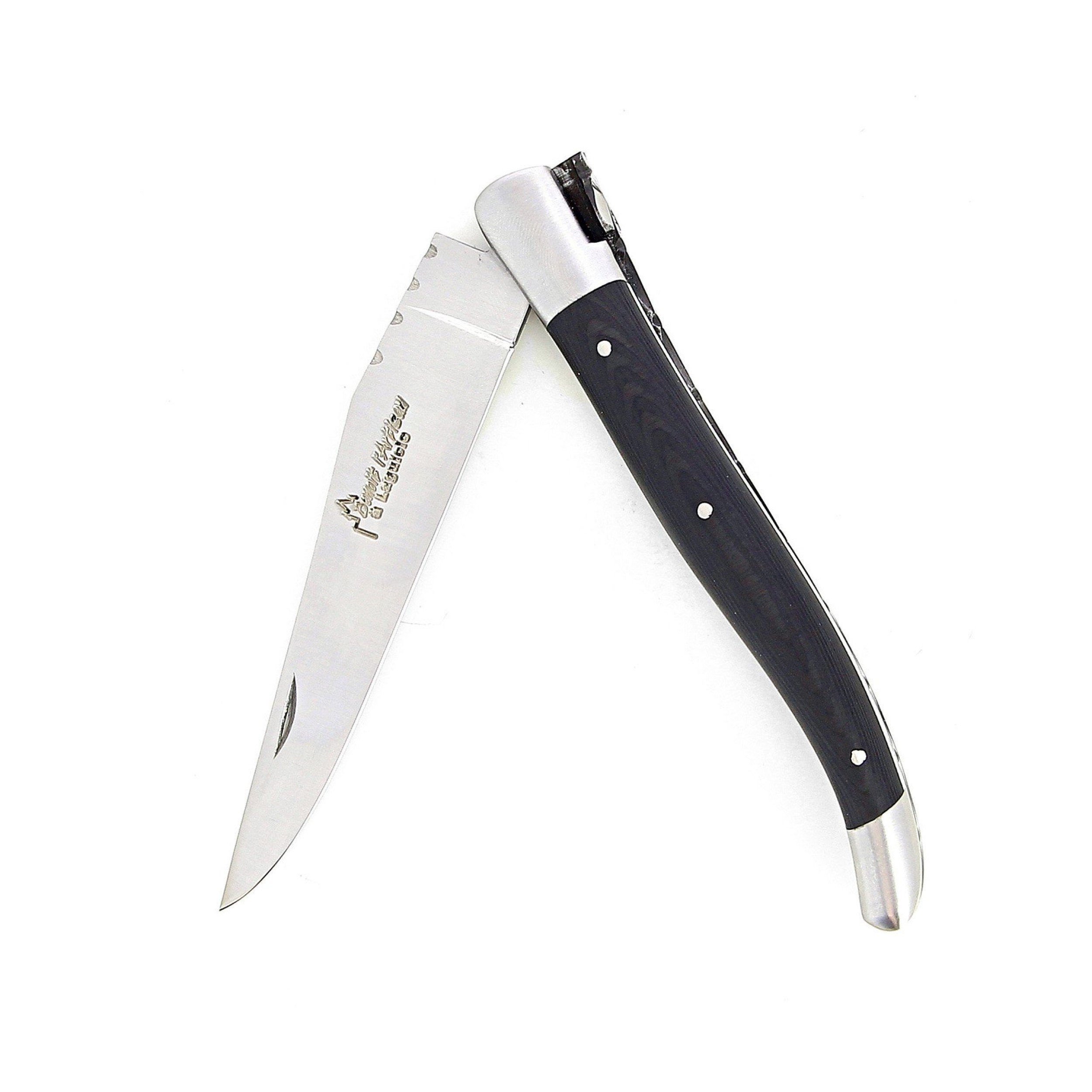 Laguiole pliant 12cm, manche en fibre de carbone, intercalaires blancs, mitres inox brossées