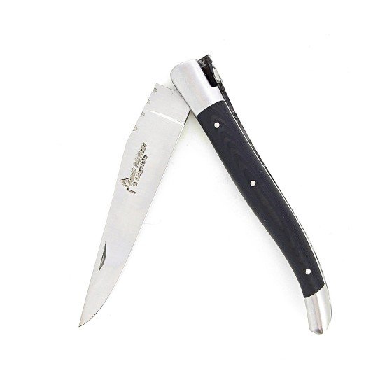 Laguiole pliant 12cm, manche en fibre de carbone, intercalaires blancs, mitres inox brossées