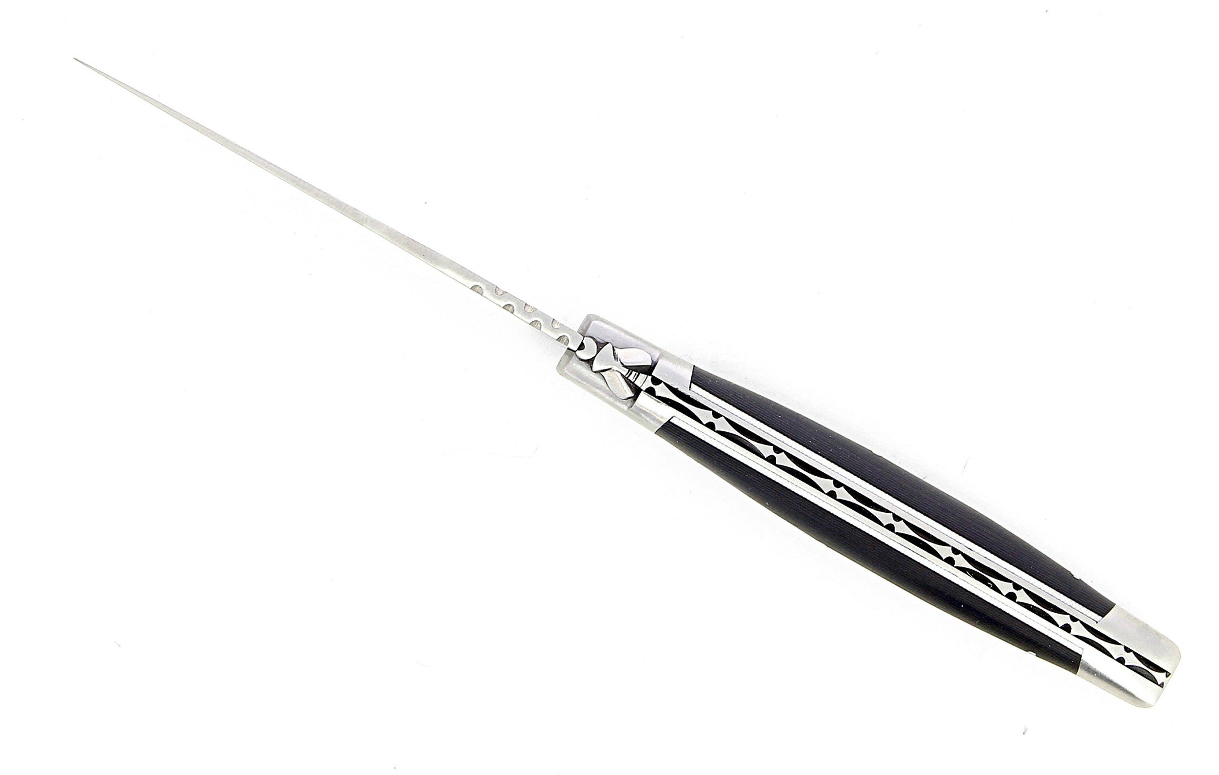 Laguiole pliant 12cm, manche en fibre de carbone, intercalaires blancs, mitres inox brossées