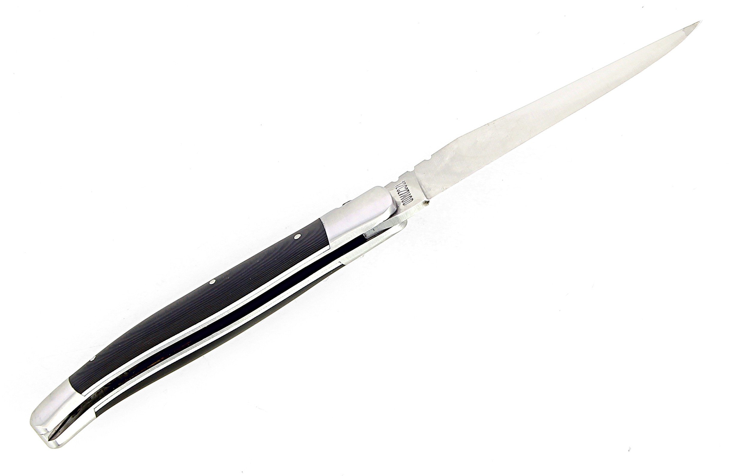 Laguiole pliant 12cm, manche en fibre de carbone, intercalaires blancs, mitres inox brossées