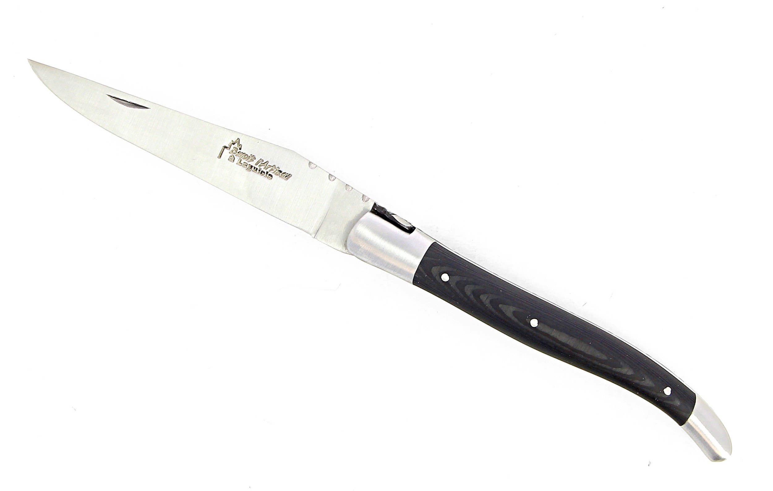 Laguiole pliant 12cm, manche en fibre de carbone, intercalaires blancs, mitres inox brossées