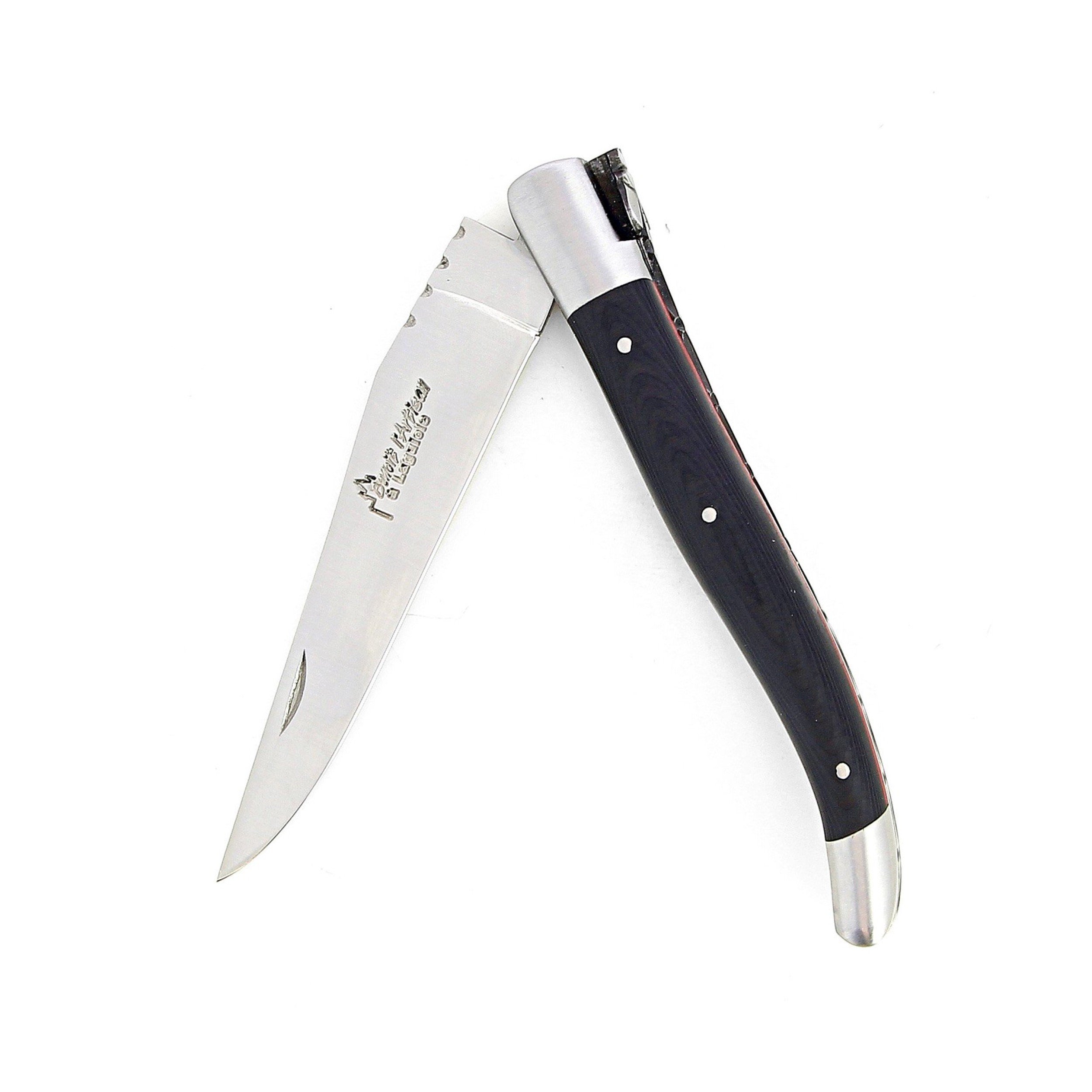 Laguiole pliant 12cm, manche en fibre de carbone, intercalaires rouges, mitres inox brossées