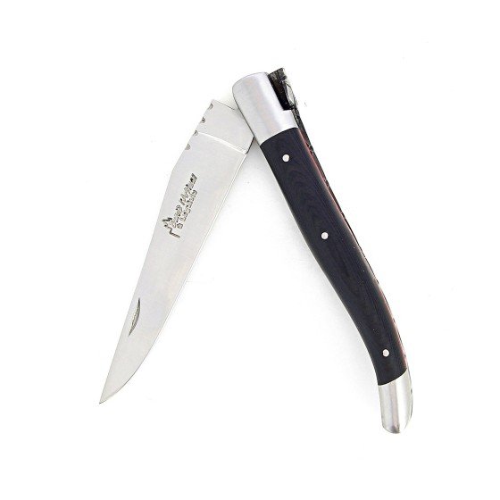 Laguiole pliant 12cm, manche en fibre de carbone, intercalaires rouges, mitres inox brossées