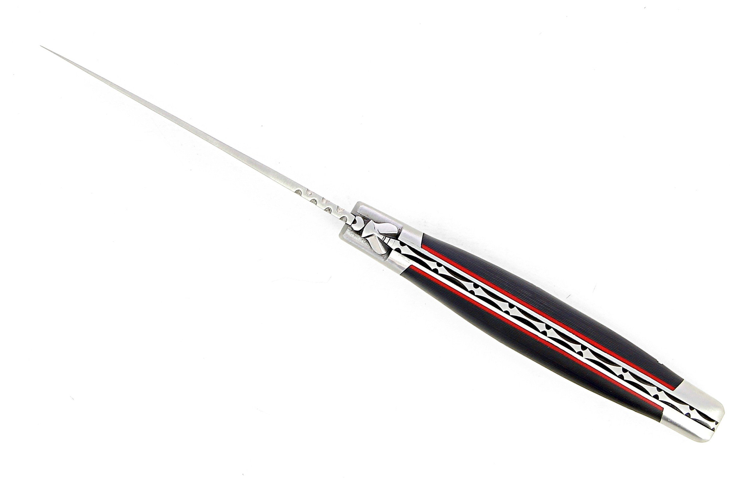 Laguiole pliant 12cm, manche en fibre de carbone, intercalaires rouges, mitres inox brossées