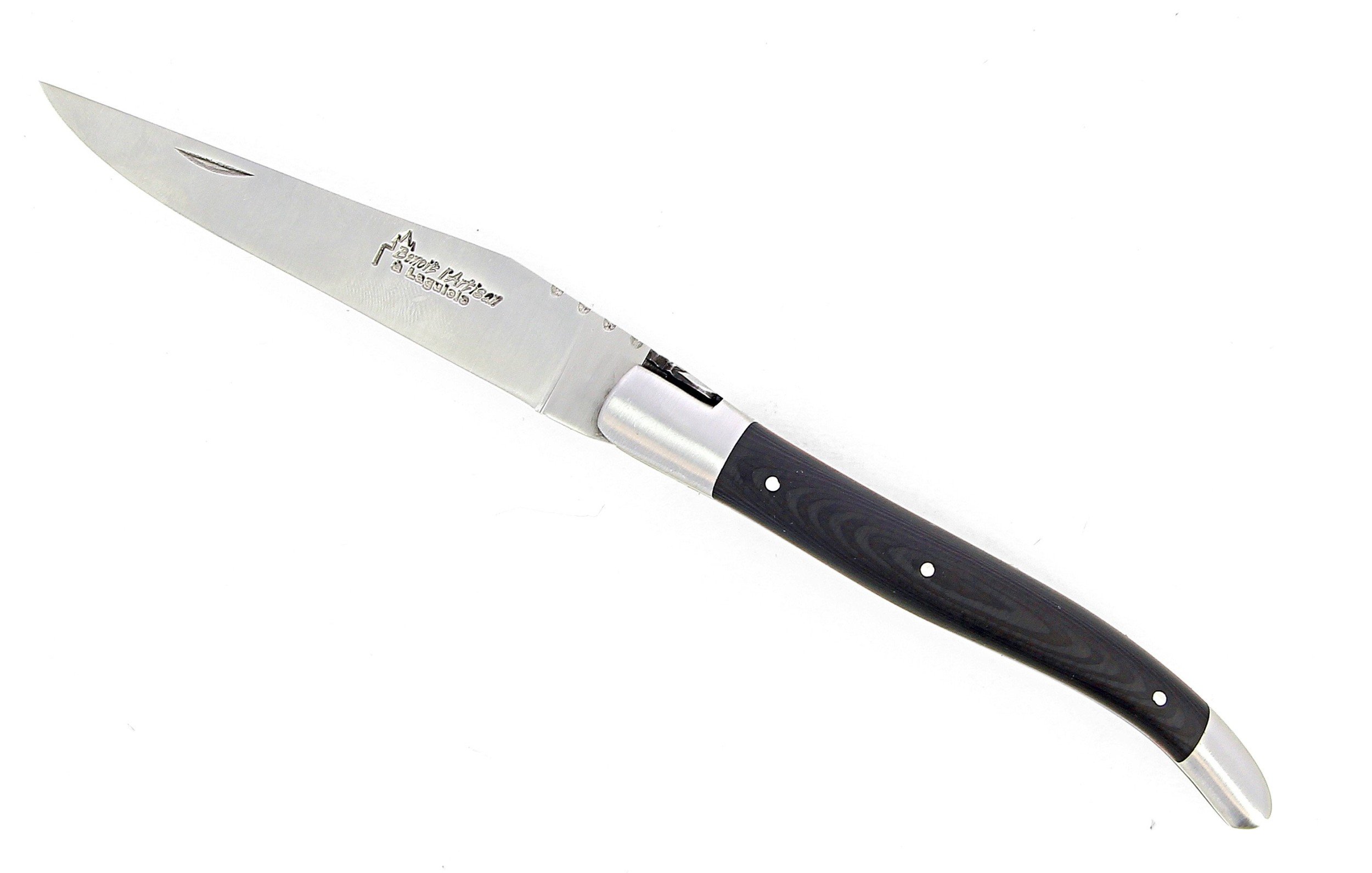 Laguiole pliant 12cm, manche en fibre de carbone, intercalaires rouges, mitres inox brossées