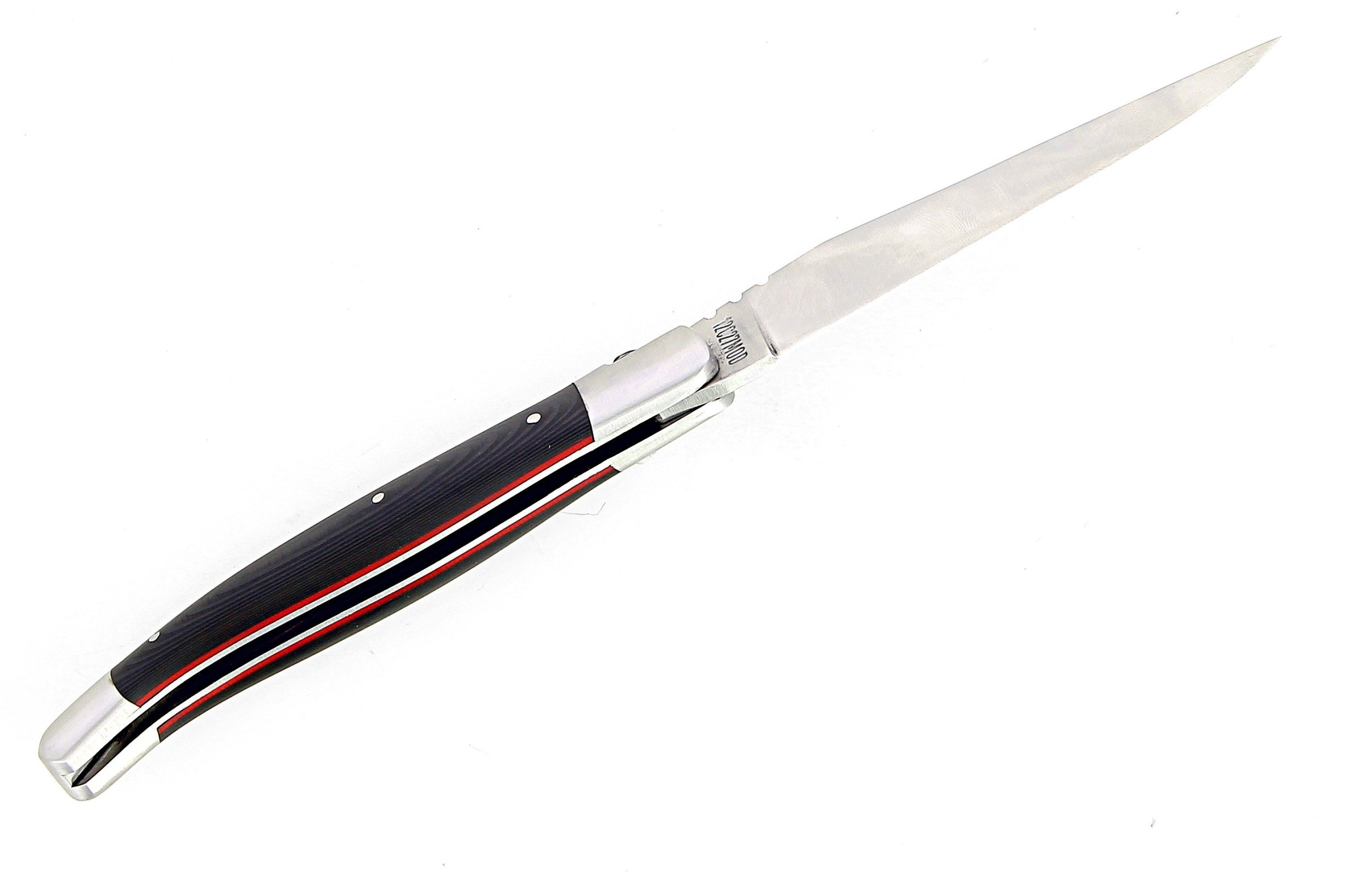 Laguiole pliant 12cm, manche en fibre de carbone, intercalaires rouges, mitres inox brossées