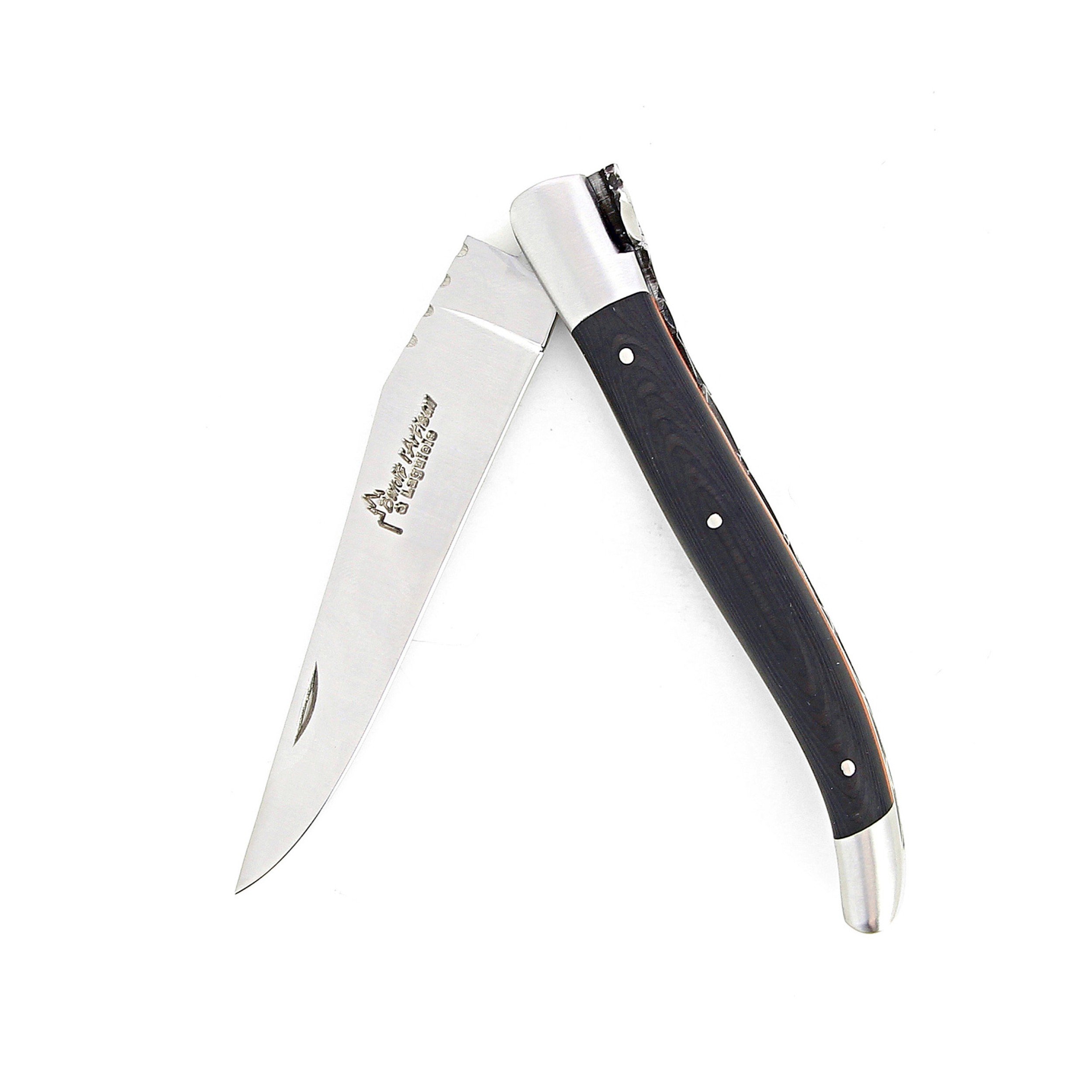 Laguiole pliant 12cm, manche en fibre de carbone, intercalaires orange, mitres inox brossées