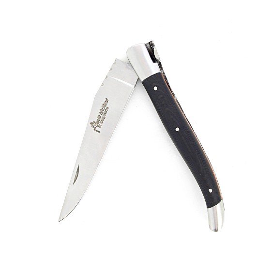Laguiole pliant 12cm, manche en fibre de carbone, intercalaires orange, mitres inox brossées