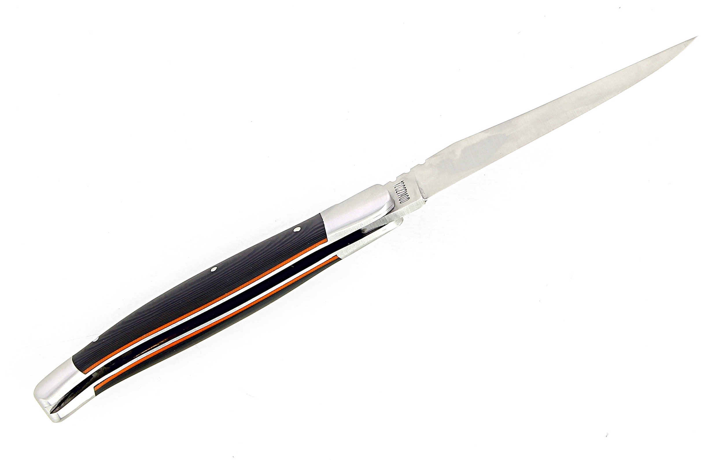Laguiole pliant 12cm, manche en fibre de carbone, intercalaires orange, mitres inox brossées