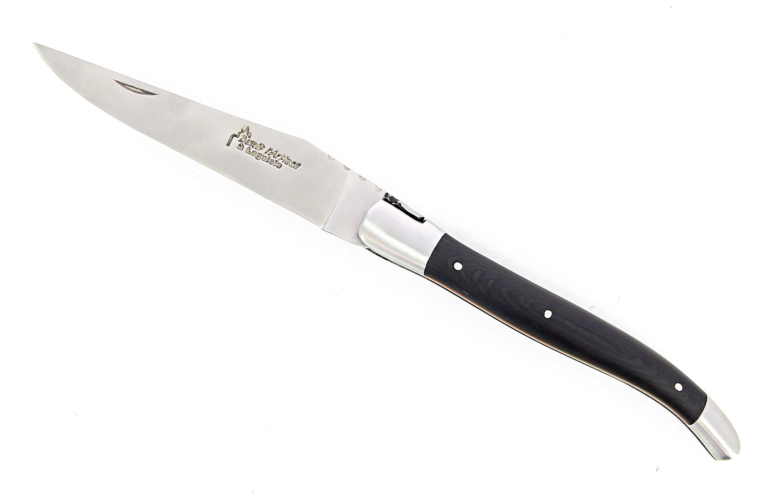 Laguiole pliant 12cm, manche en fibre de carbone, intercalaires orange, mitres inox brossées