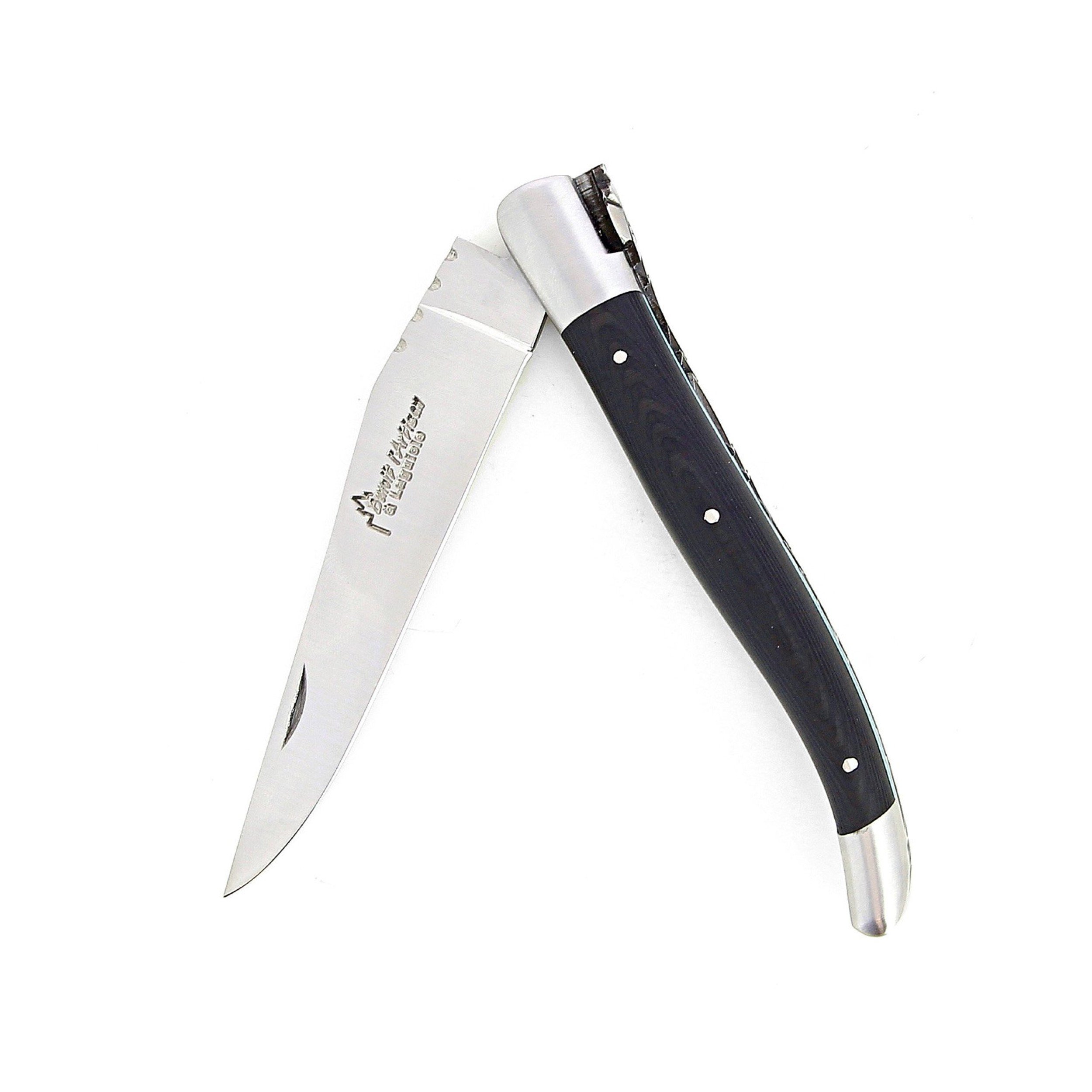Laguiole pliant 12cm, manche en fibre de carbone, intercalaires turquoise, mitres inox brossées