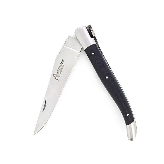 Laguiole pliant 12cm, manche en fibre de carbone, intercalaires turquoise, mitres inox brossées