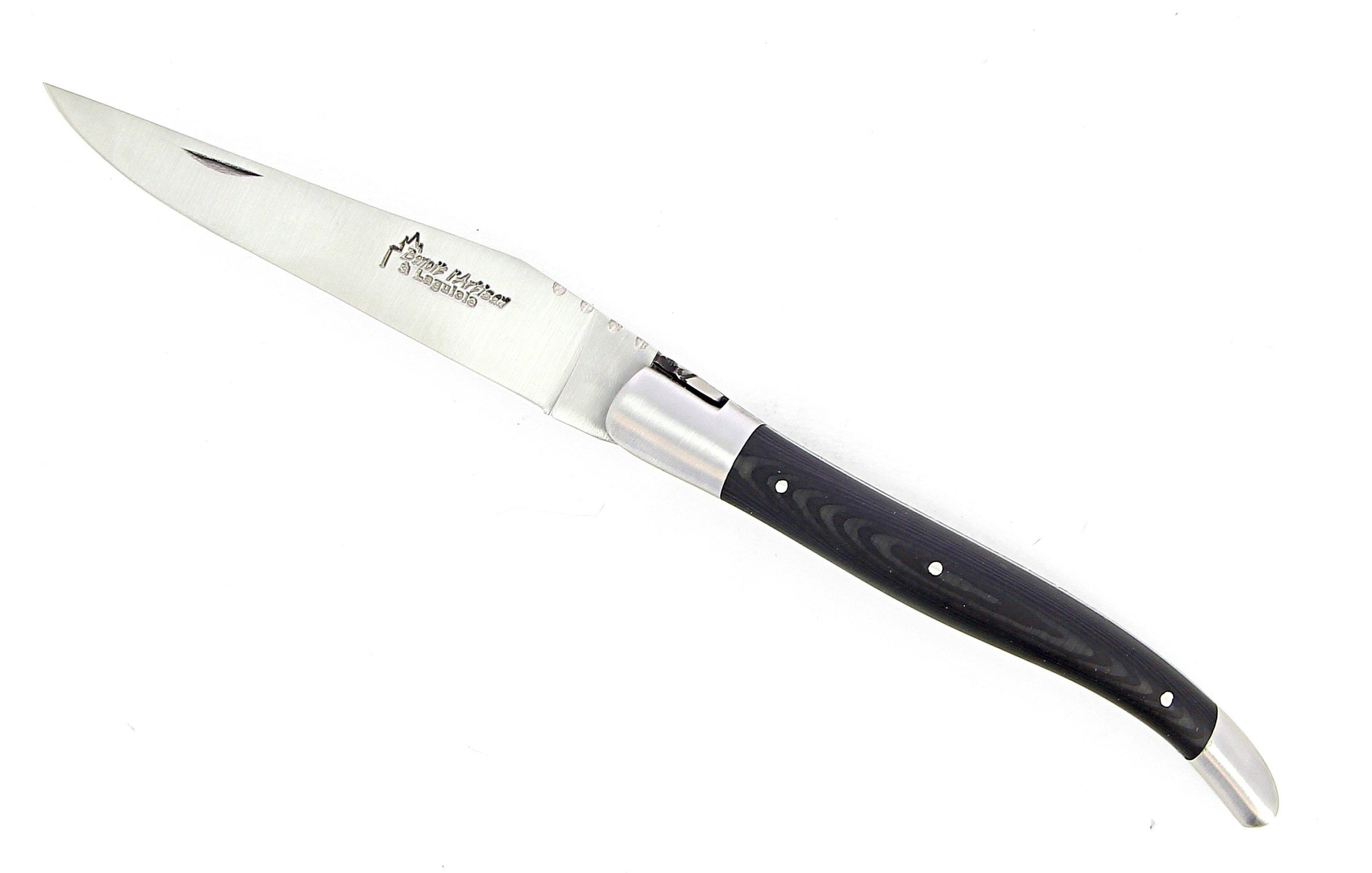Laguiole pliant 12cm, manche en fibre de carbone, intercalaires turquoise, mitres inox brossées