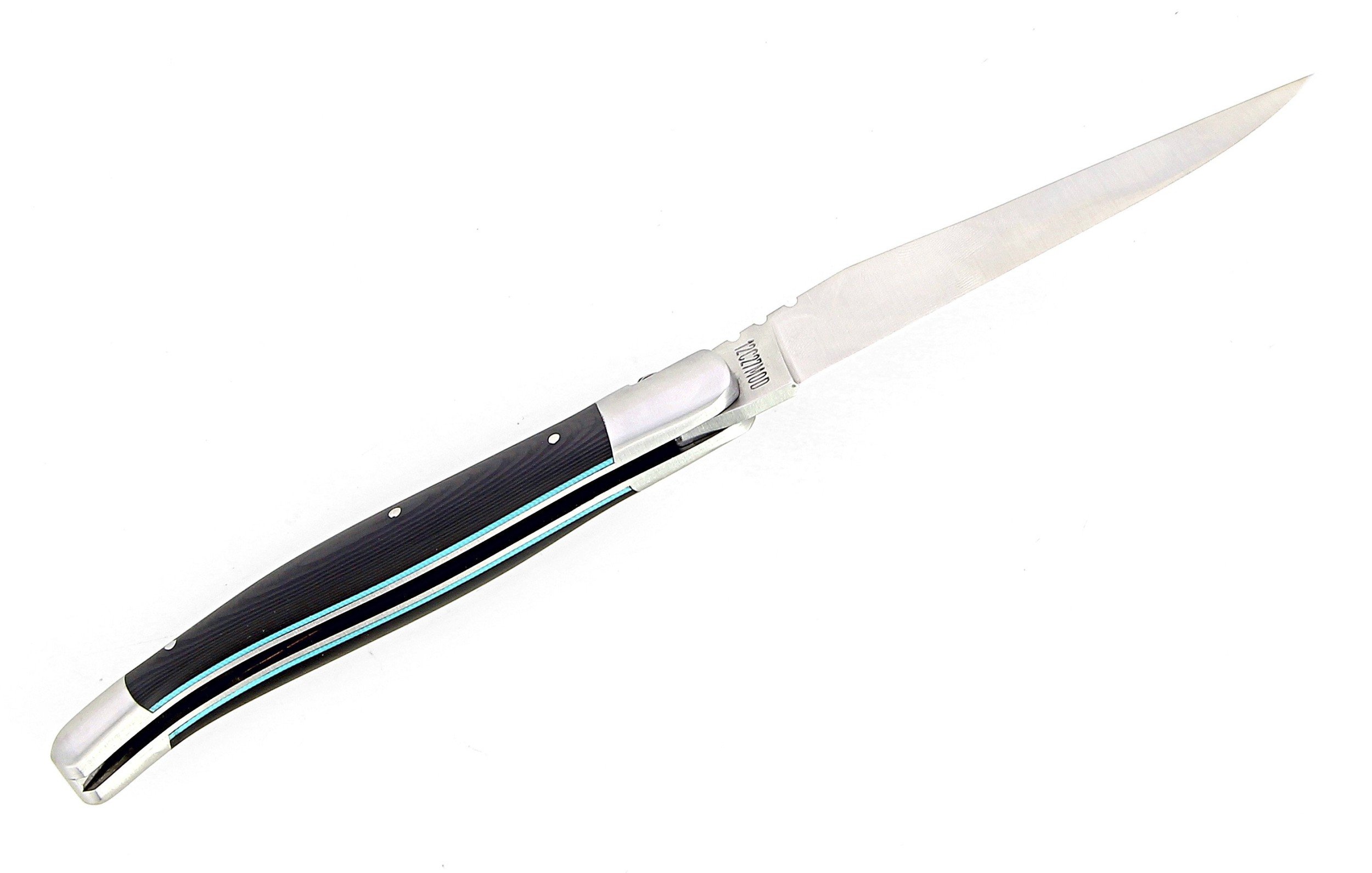 Laguiole pliant 12cm, manche en fibre de carbone, intercalaires turquoise, mitres inox brossées