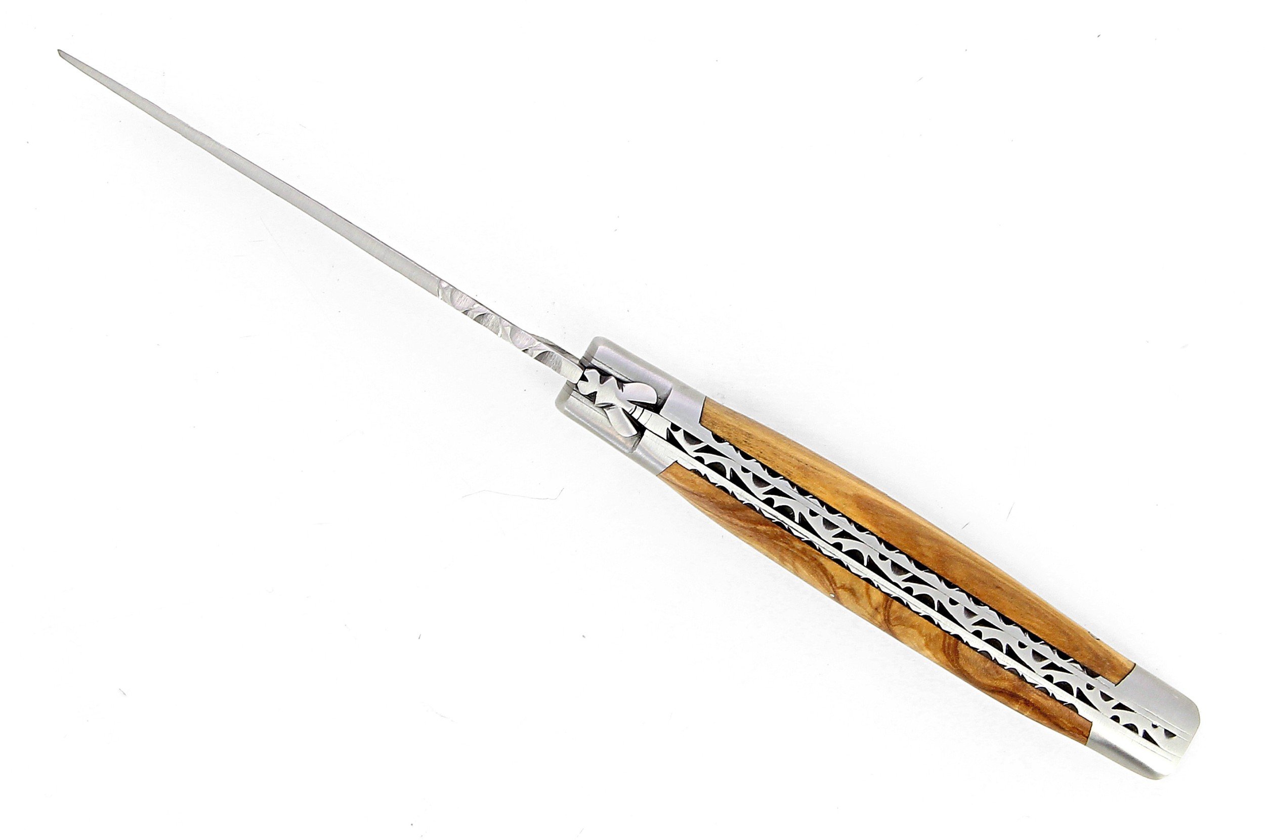 Laguiole 12 cm Abeille Forgée Double Platine manche en bois olivier et deux mitres inox lame brut de forge 12C27