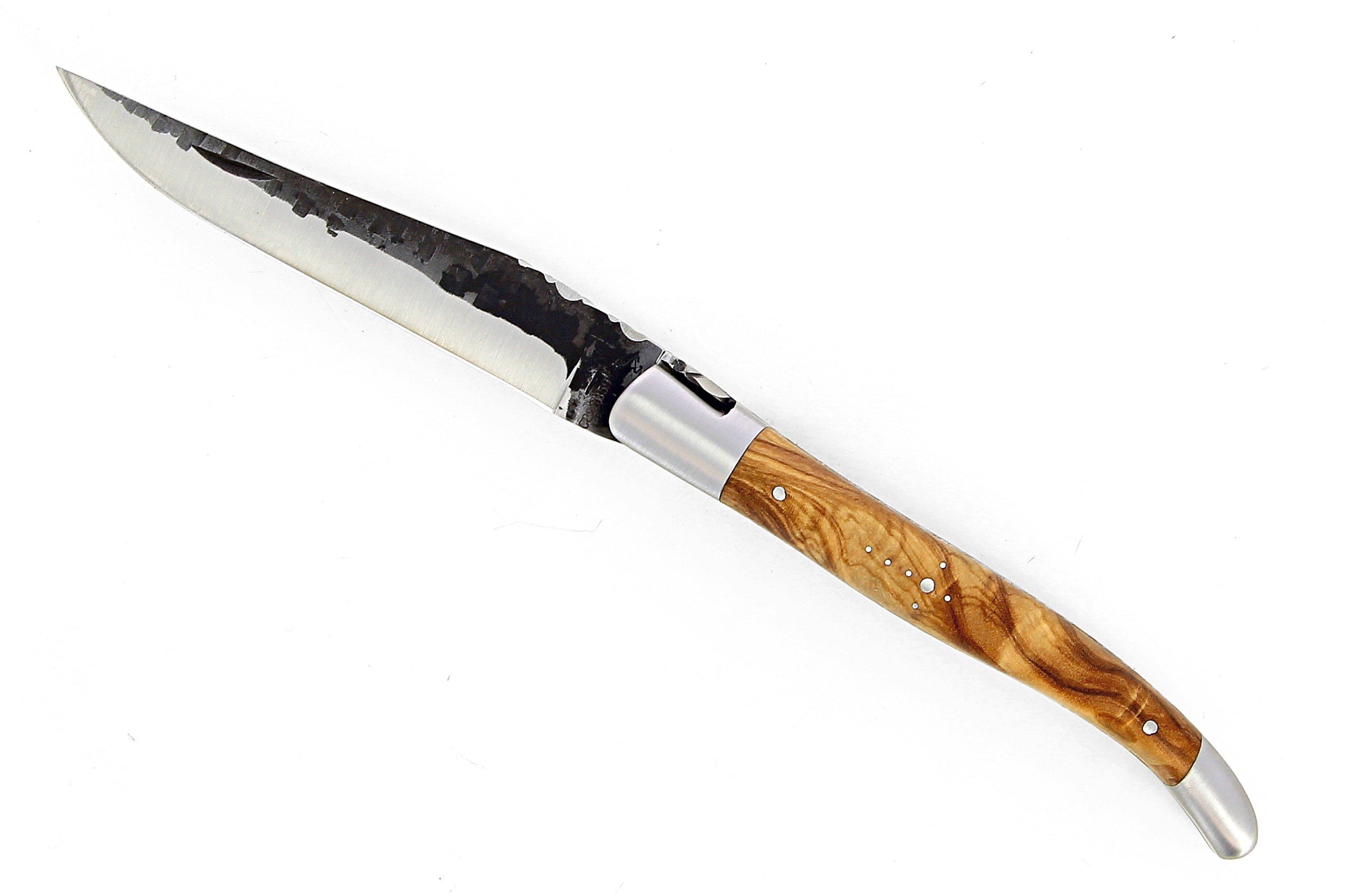 Laguiole 12 cm Abeille Forgée Double Platine manche en bois olivier et deux mitres inox lame brut de forge 12C27