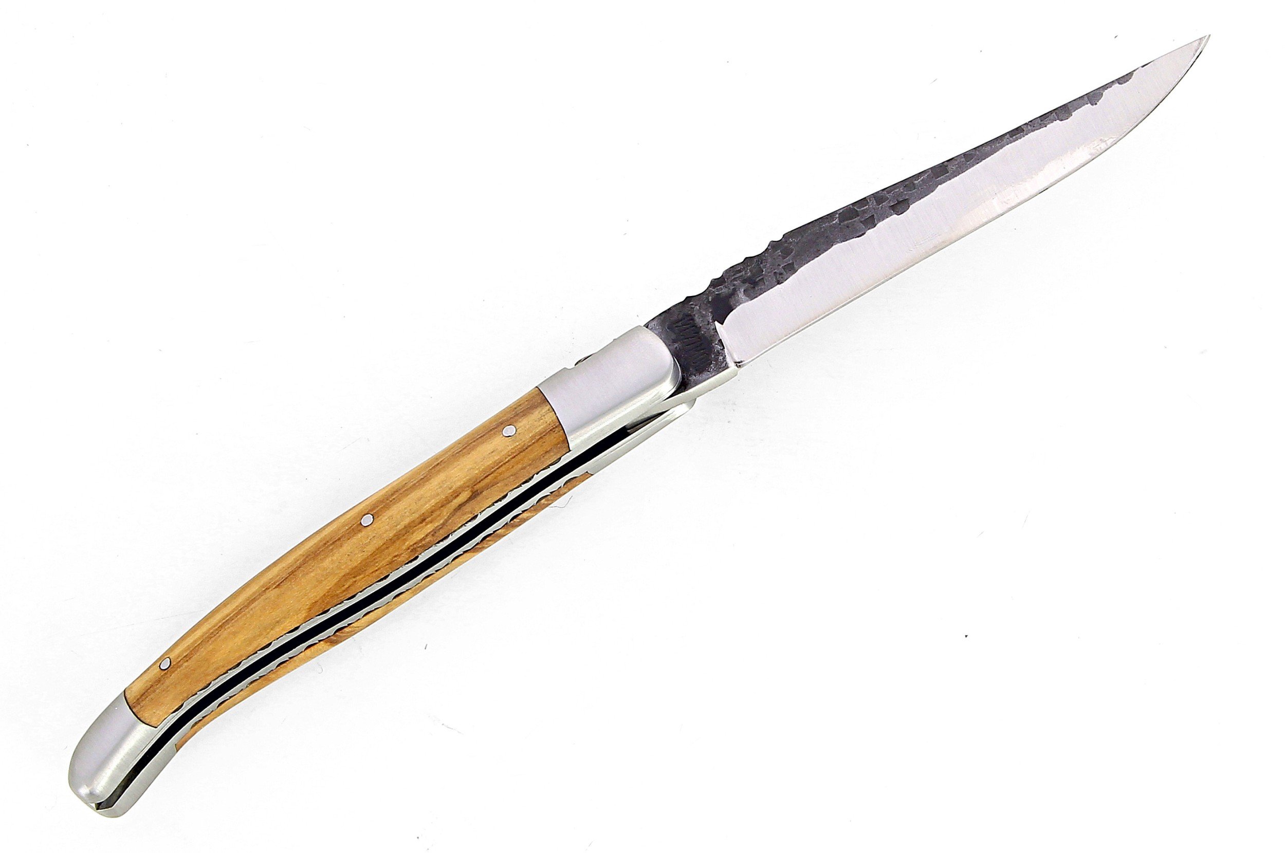 Laguiole 12 cm Abeille Forgée Double Platine manche en bois olivier et deux mitres inox lame brut de forge 12C27