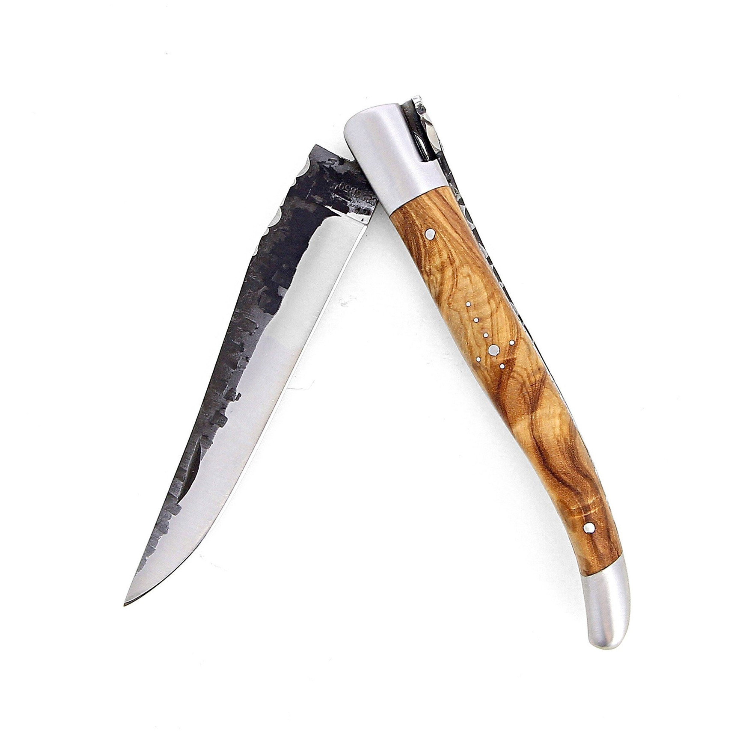 Laguiole 12 cm Abeille Forgée Double Platine manche en bois olivier et deux mitres inox lame brut de forge 12C27