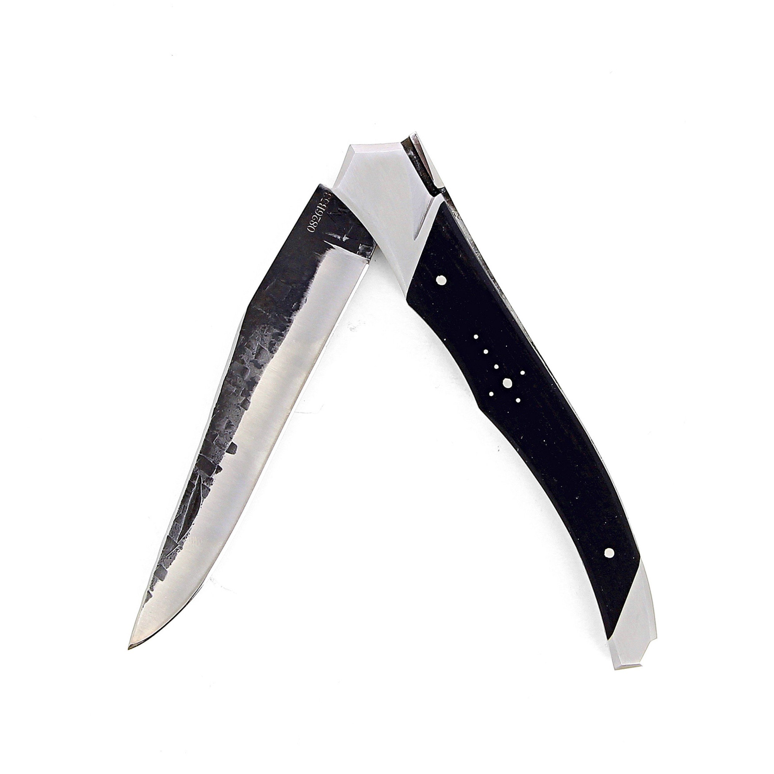 Laguiole Tribal 12 cm Abeille Forgée manche en bois ébène et deux mitres inox platines guillochées lame brute de forge 12c27