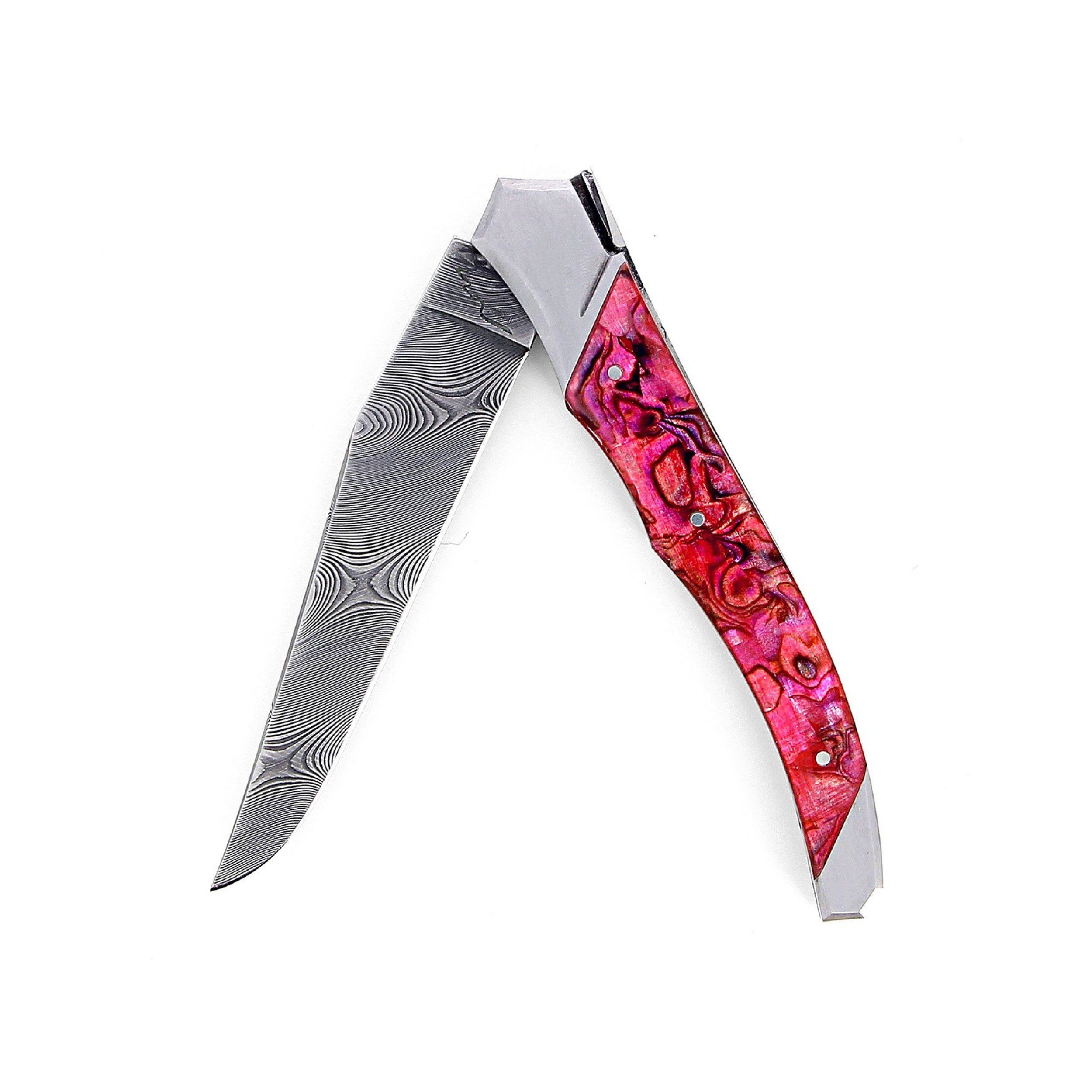Laguiole Tribal 12 cm Abeille Forgée manche en abalone rouge et deux mitres inox platines guillochées lame damas inox