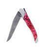 Laguiole Tribal 12 cm Abeille Forgée manche en abalone rouge et deux mitres inox platines guillochées lame damas inox