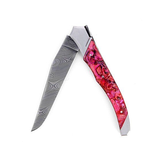 Laguiole Tribal 12 cm Abeille Forgée manche en abalone rouge et deux mitres inox platines guillochées lame damas inox
