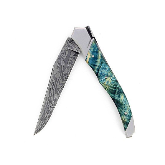 Laguiole Tribal 12 cm Abeille Forgée manche en bois de peuplier et deux mitres inox platines guillochées lame damas inox