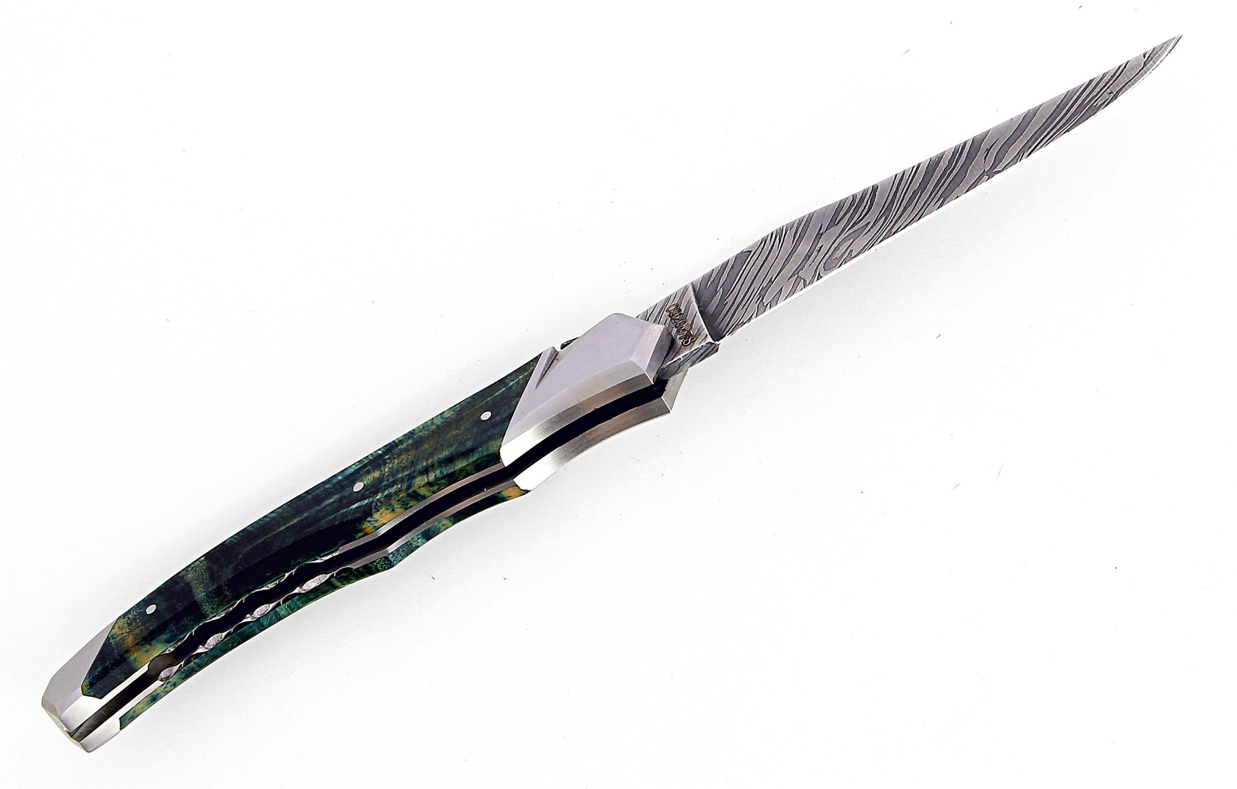 Laguiole Tribal 12 cm Abeille Forgée manche en bois de peuplier et deux mitres inox platines guillochées lame damas inox