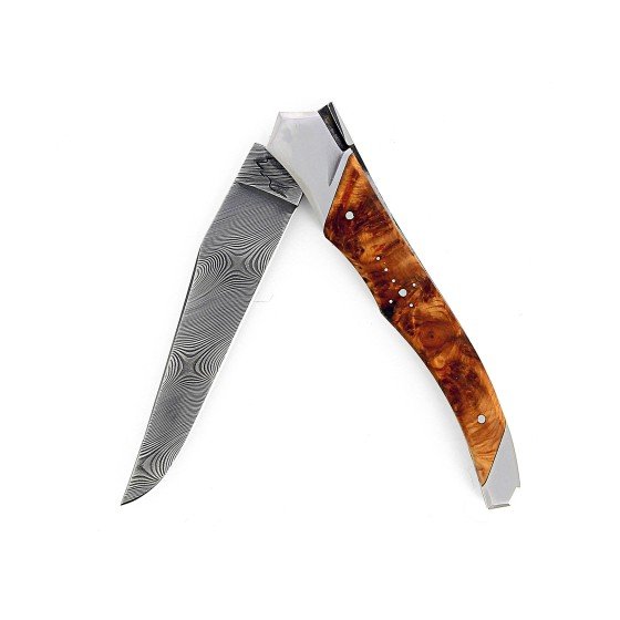 Laguiole Tribal 12 cm Abeille Forgée manche en bois de cade et deux mitres inox platines guillochées lame damas inox