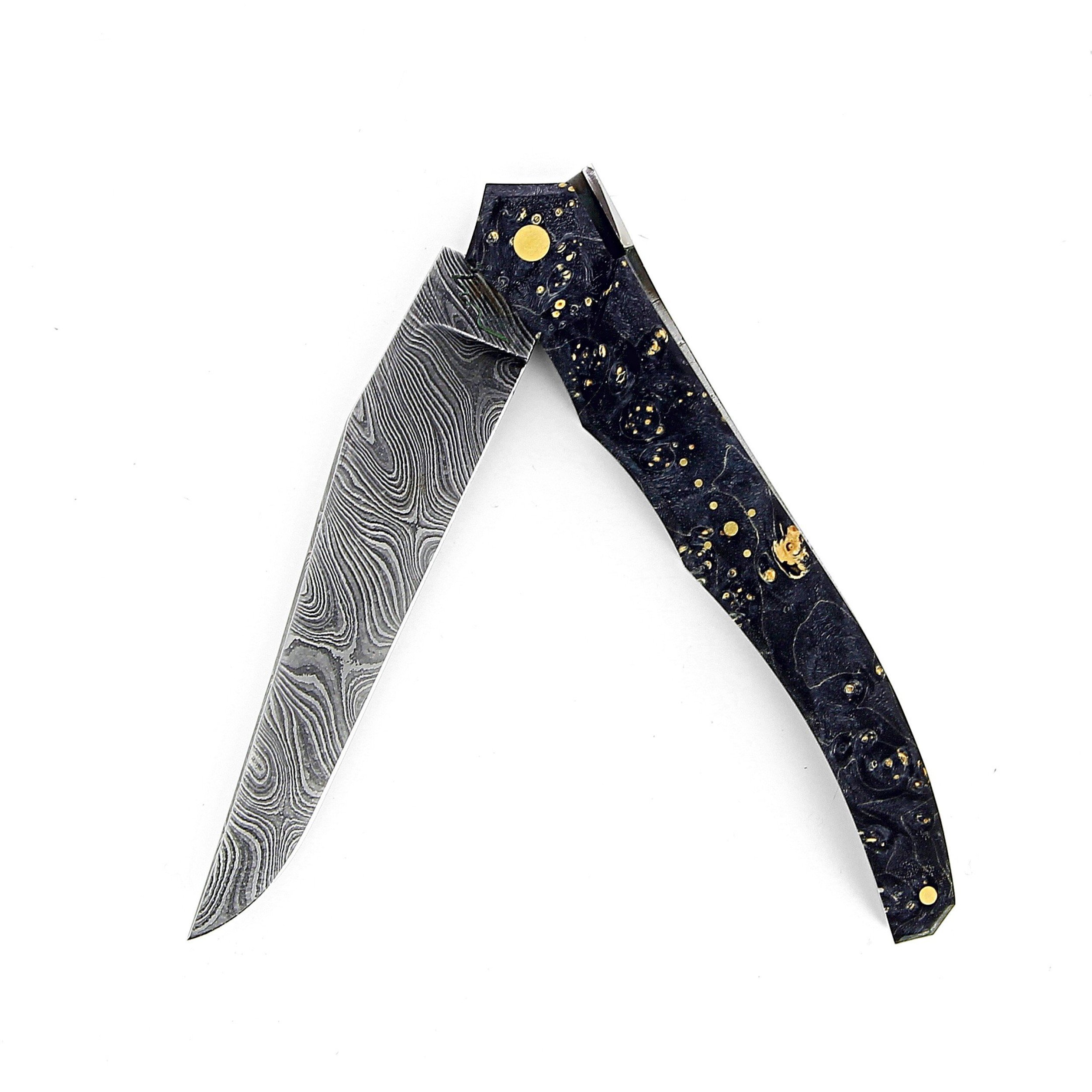 laguiole-tribal-12-cm-abeille-forgee-plein-manche-en-loupe-derable-negundo-noir-et-platines-guillochees-lame-damas-carbone