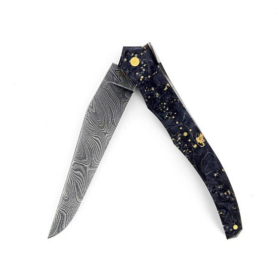 laguiole-tribal-12-cm-abeille-forgee-plein-manche-en-loupe-derable-negundo-noir-et-platines-guillochees-lame-damas-carbone