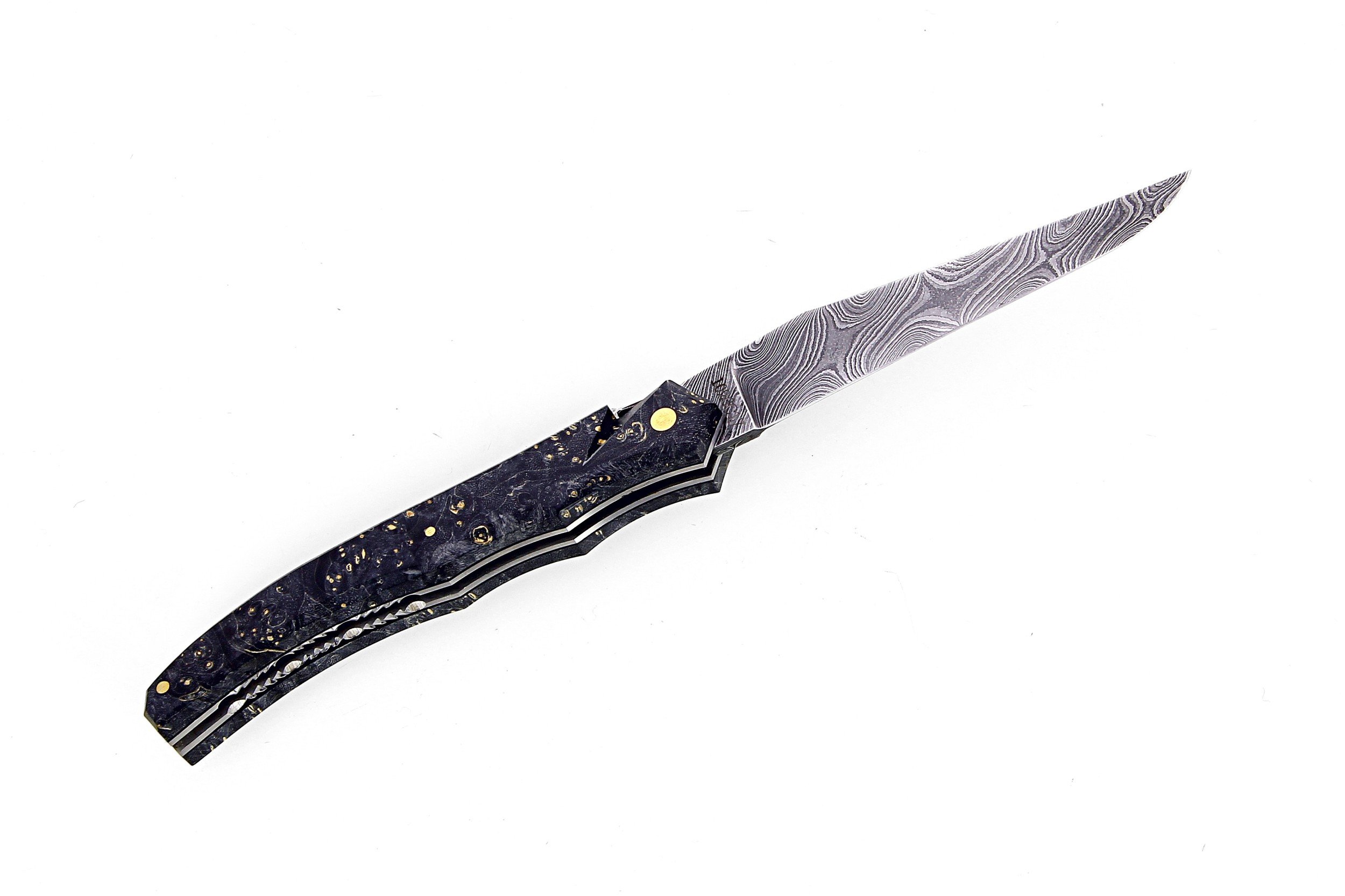 laguiole-tribal-12-cm-abeille-forgee-plein-manche-en-loupe-derable-negundo-noir-et-platines-guillochees-lame-damas-carbone
