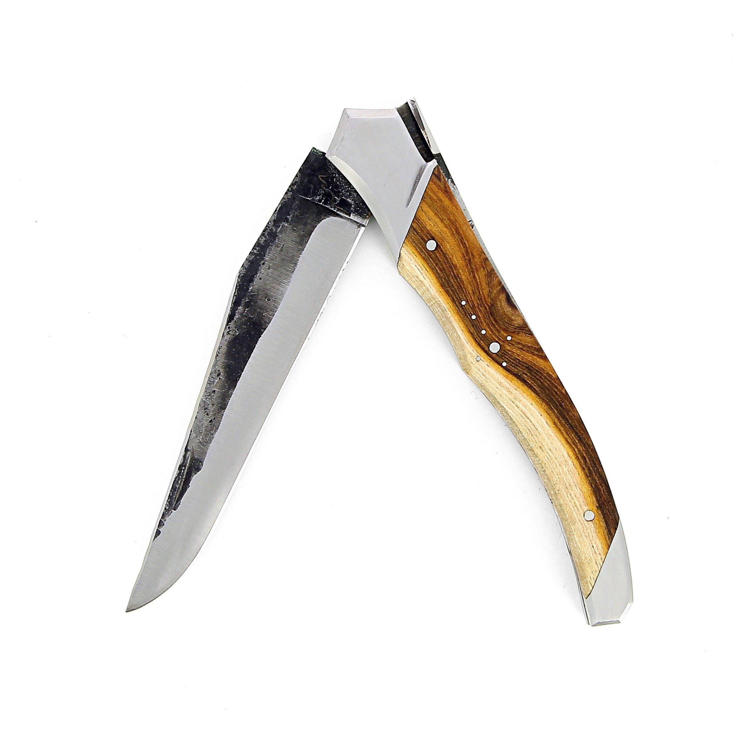 laguiole-tribal-12-cm-abeille-forgee-manche-en-bois-de-pistachier-deux-mitres-inox-platines-guillochees-et-lame-brute-de-forge