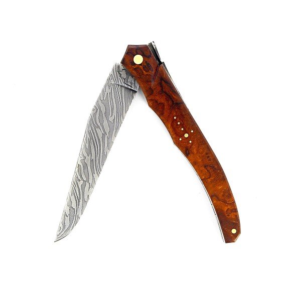 Laguiole Tribal 12 cm Abeille Forgée plein manche en bois de fer, platines guillochées et lame damas carbone