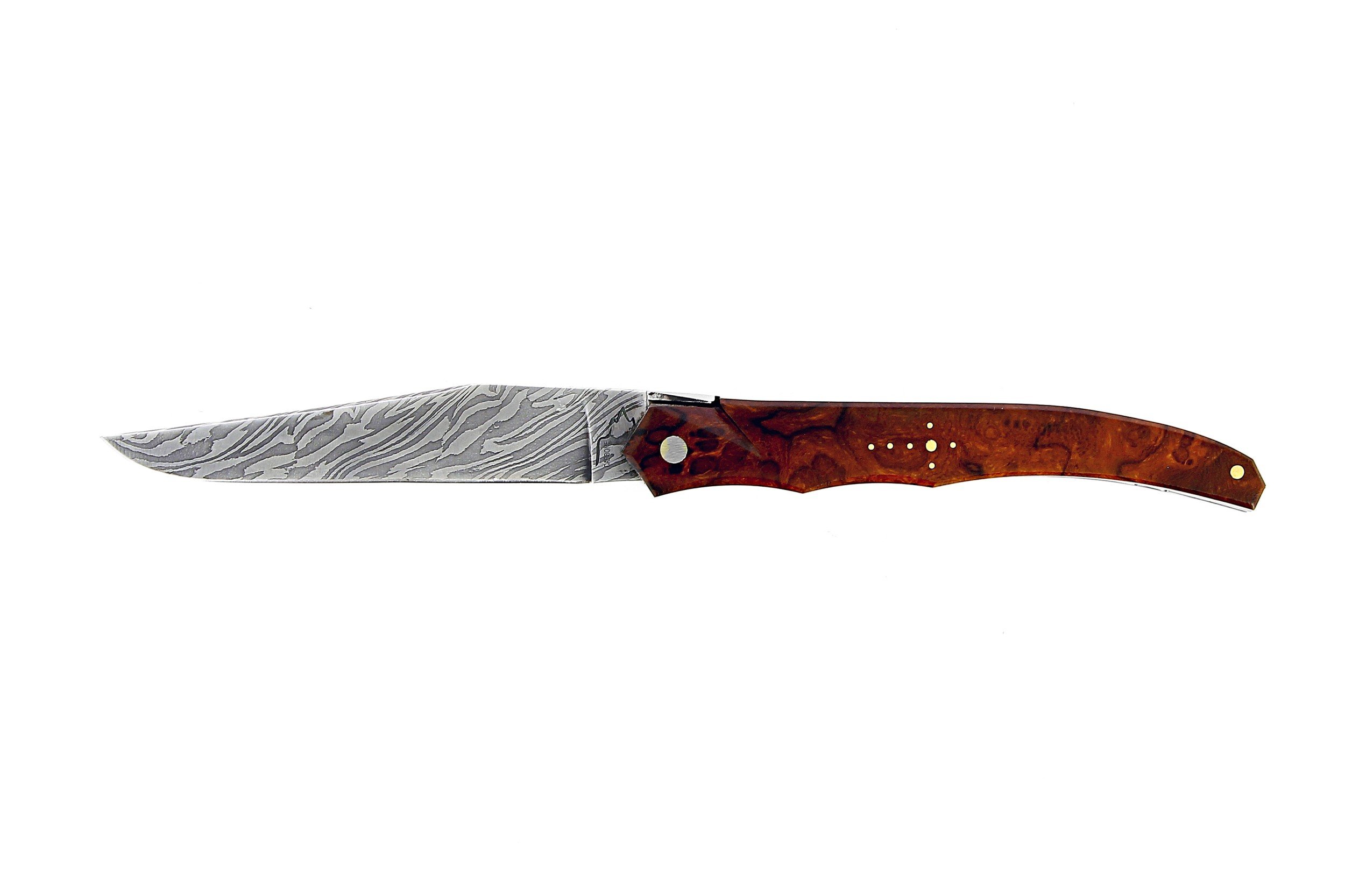Laguiole Tribal 12 cm Abeille Forgée plein manche en bois de fer, platines guillochées et lame damas carbone