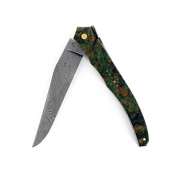 Laguiole Tribal 12 cm Abeille Forgée plein manche en loupe amboine verte, platines guillochées et lame damas carbone