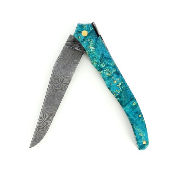 Laguiole Tribal 12 cm Abeille Forgée plein manche en erable negundo turquoise, platines guillochées et lame damas inox