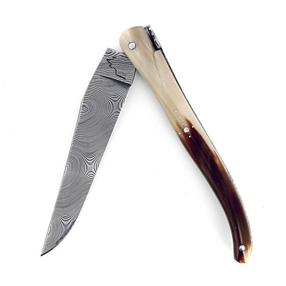 Laguiole 13 cm Abeille Forgée plein manche en pointe de corne, platines inox lame damas inox