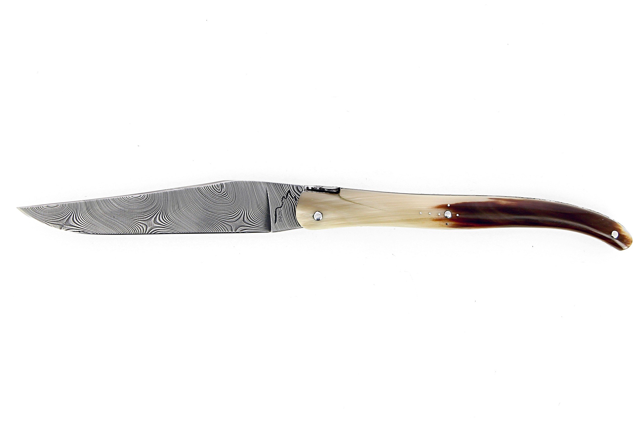 Laguiole 13 cm Abeille Forgée plein manche en pointe de corne, platines inox lame damas inox