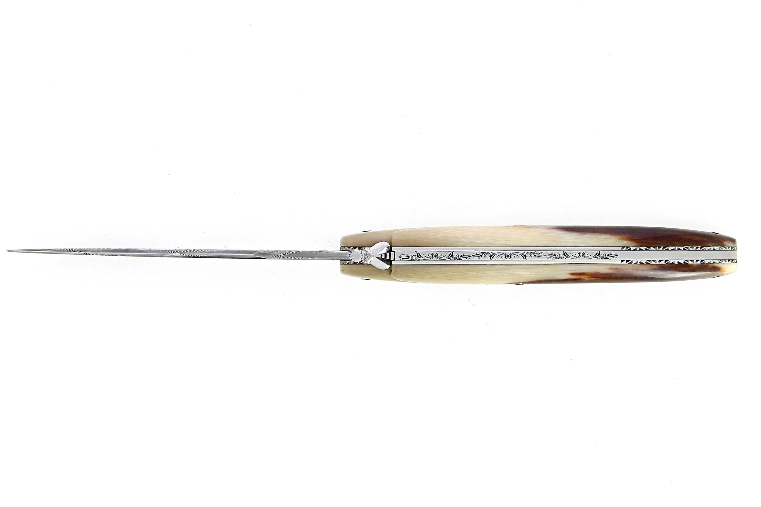 Laguiole 13 cm Abeille Forgée plein manche en pointe de corne, platines inox lame damas inox
