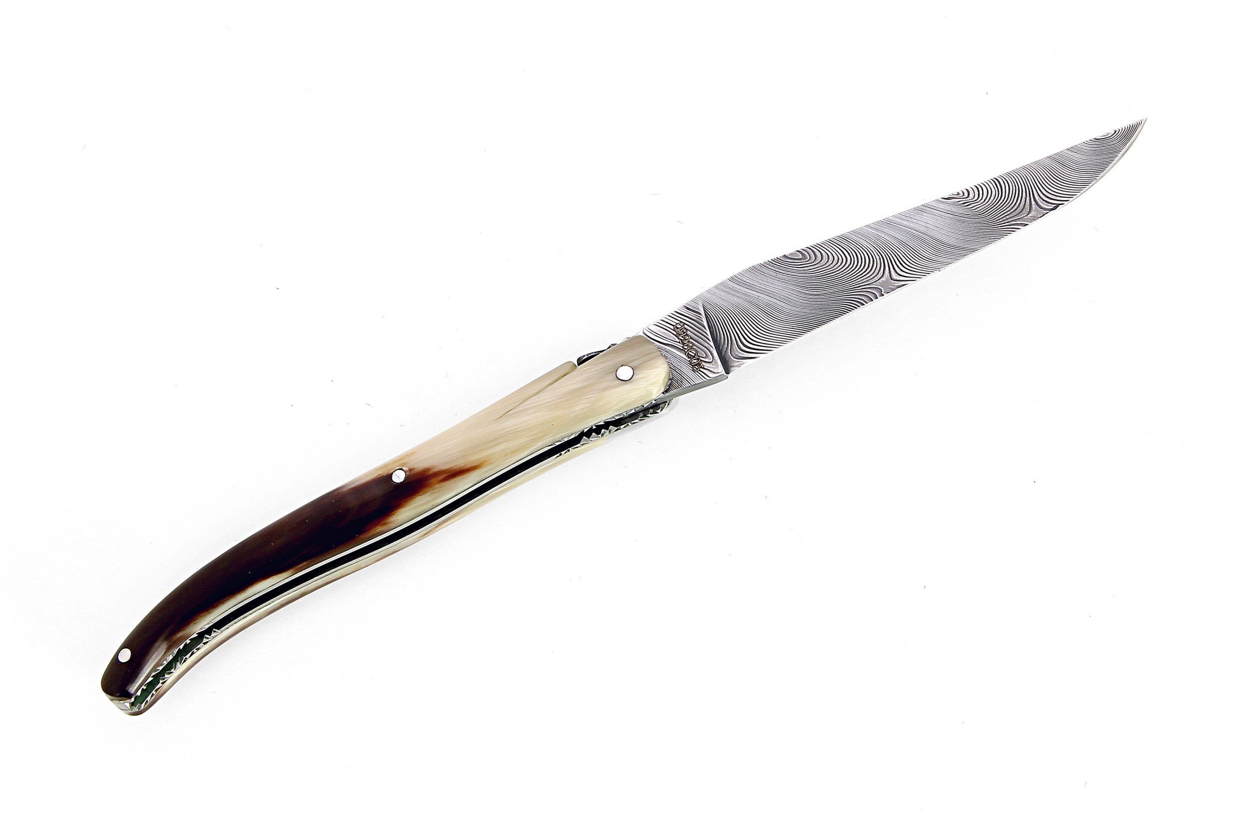 Laguiole 13 cm Abeille Forgée plein manche en pointe de corne, platines inox lame damas inox