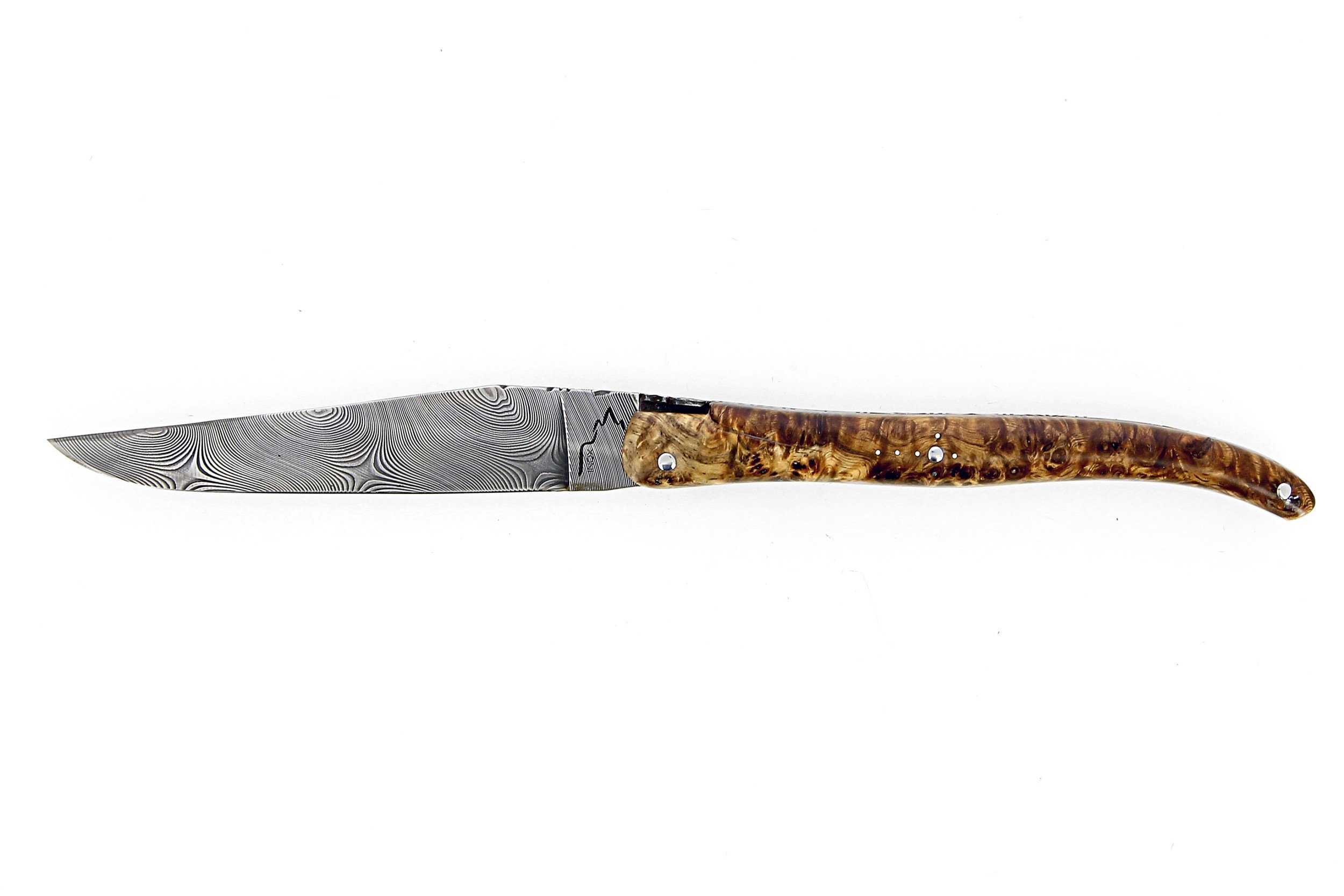 Laguiole 13 cm Abeille Forgée plein manche en loupe d'amboine, platines inox lame damas inox