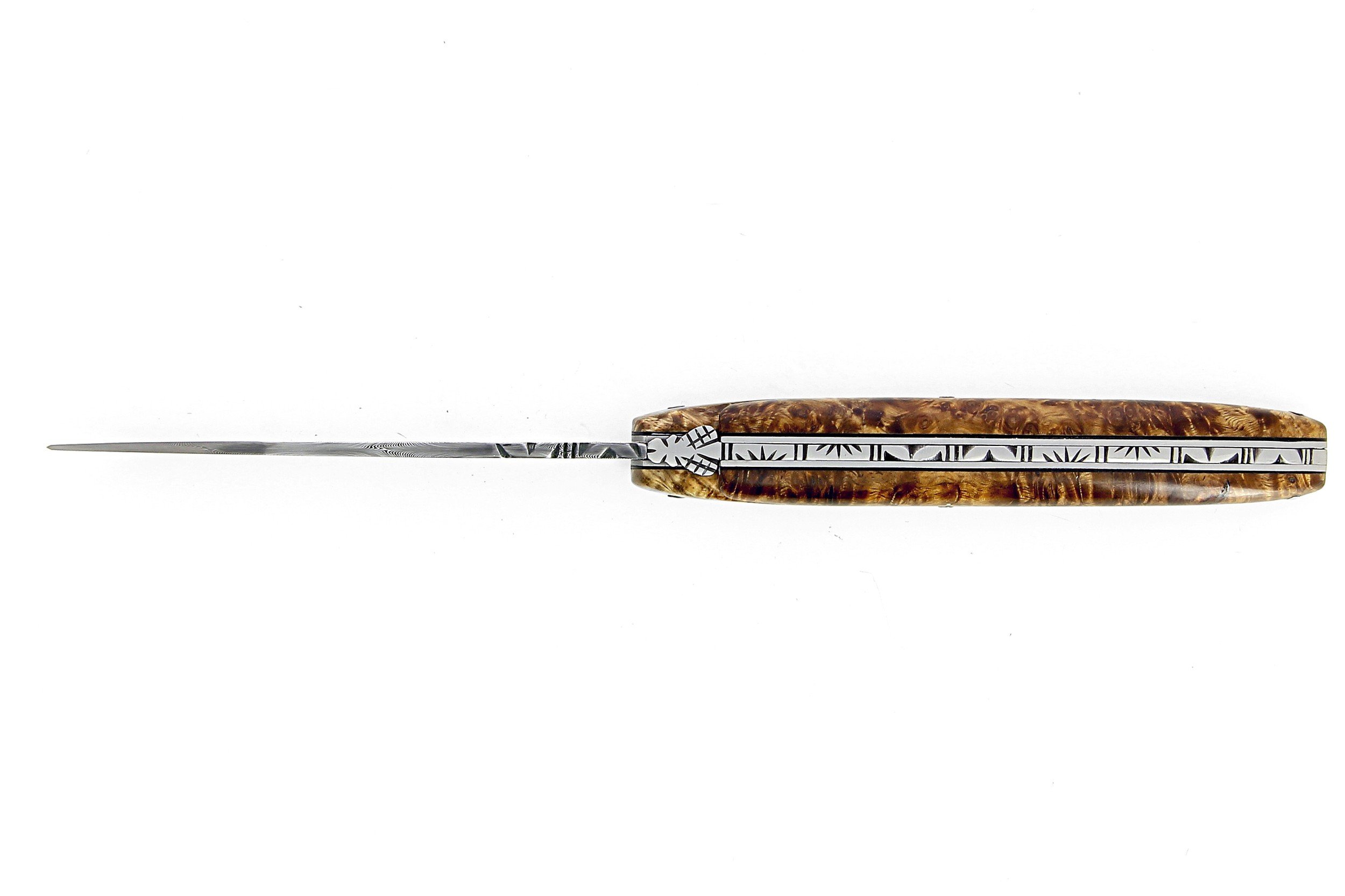 Laguiole 13 cm Abeille Forgée plein manche en loupe d'amboine, platines inox lame damas inox