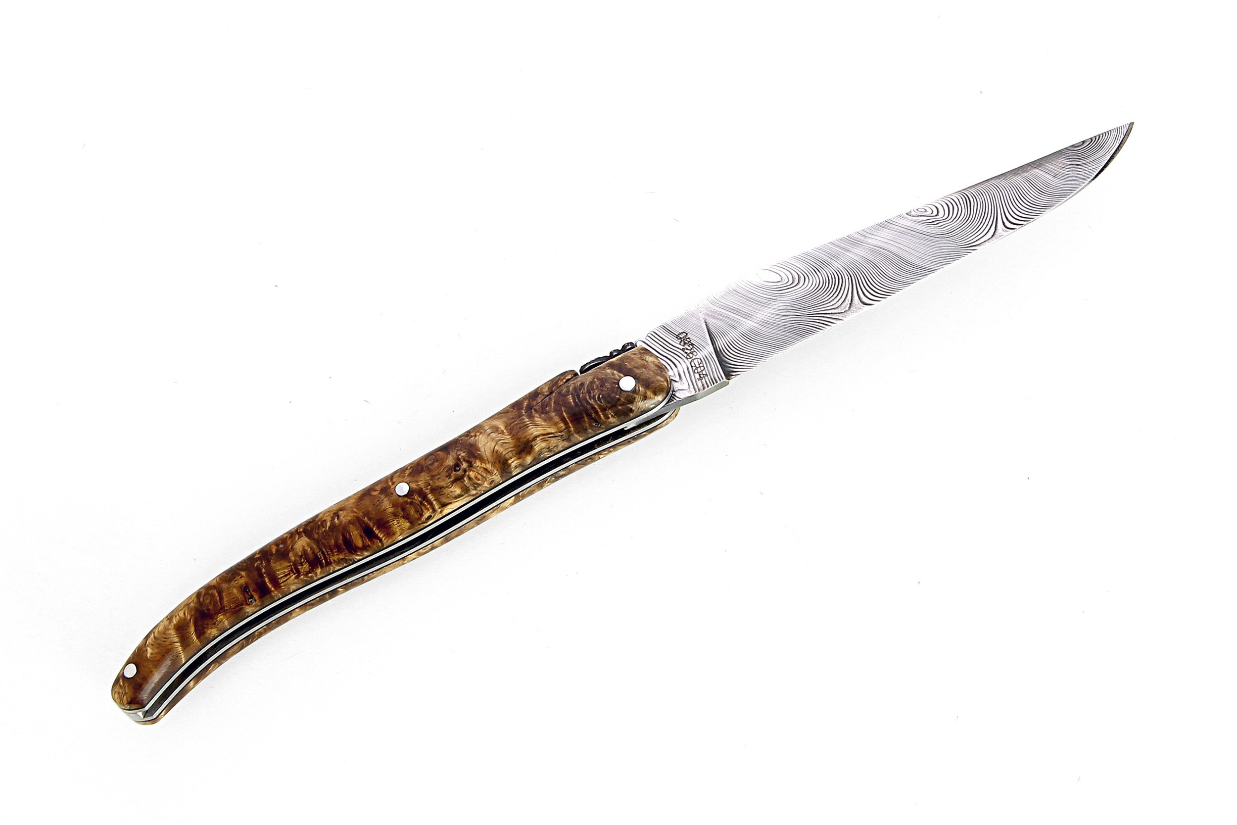 Laguiole 13 cm Abeille Forgée plein manche en loupe d'amboine, platines inox lame damas inox