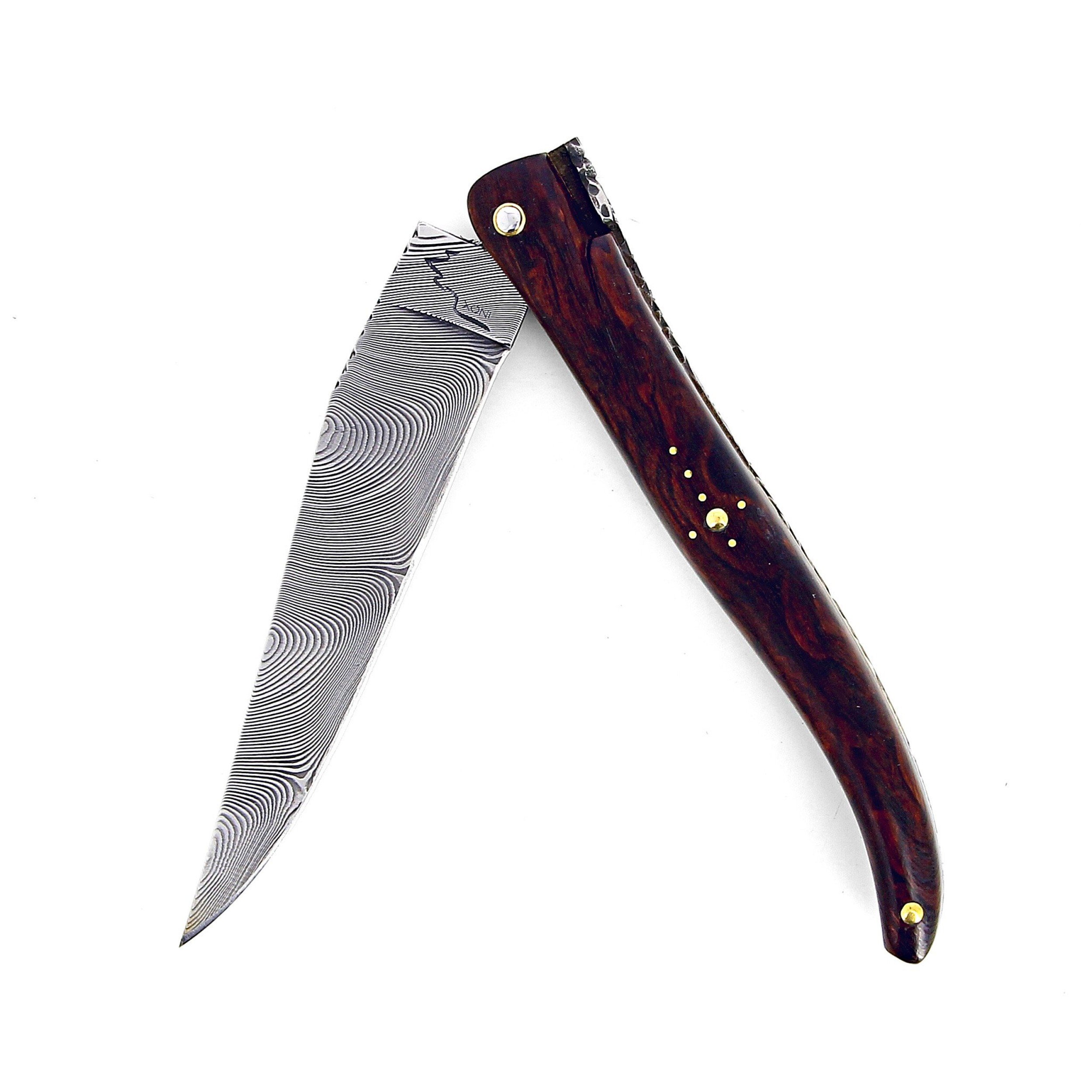 Laguiole 12 cm Abeille Forgée plein manche en bois de fer,  platines laiton et lame damas inox
