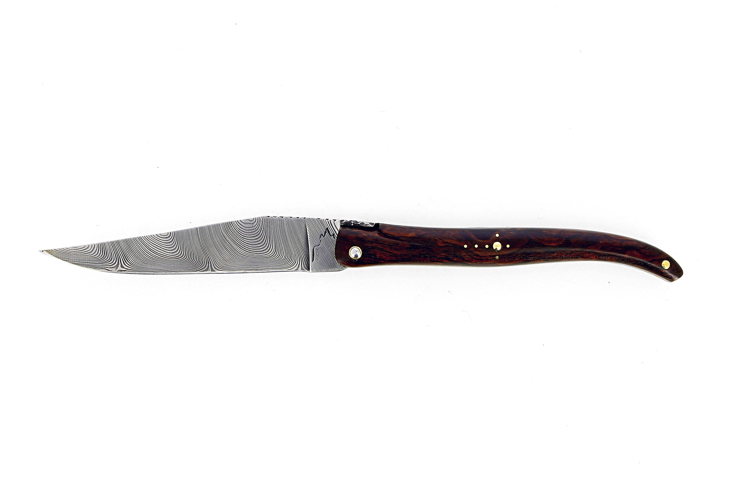 Laguiole 12 cm Abeille Forgée plein manche en bois de fer,  platines laiton et lame damas inox