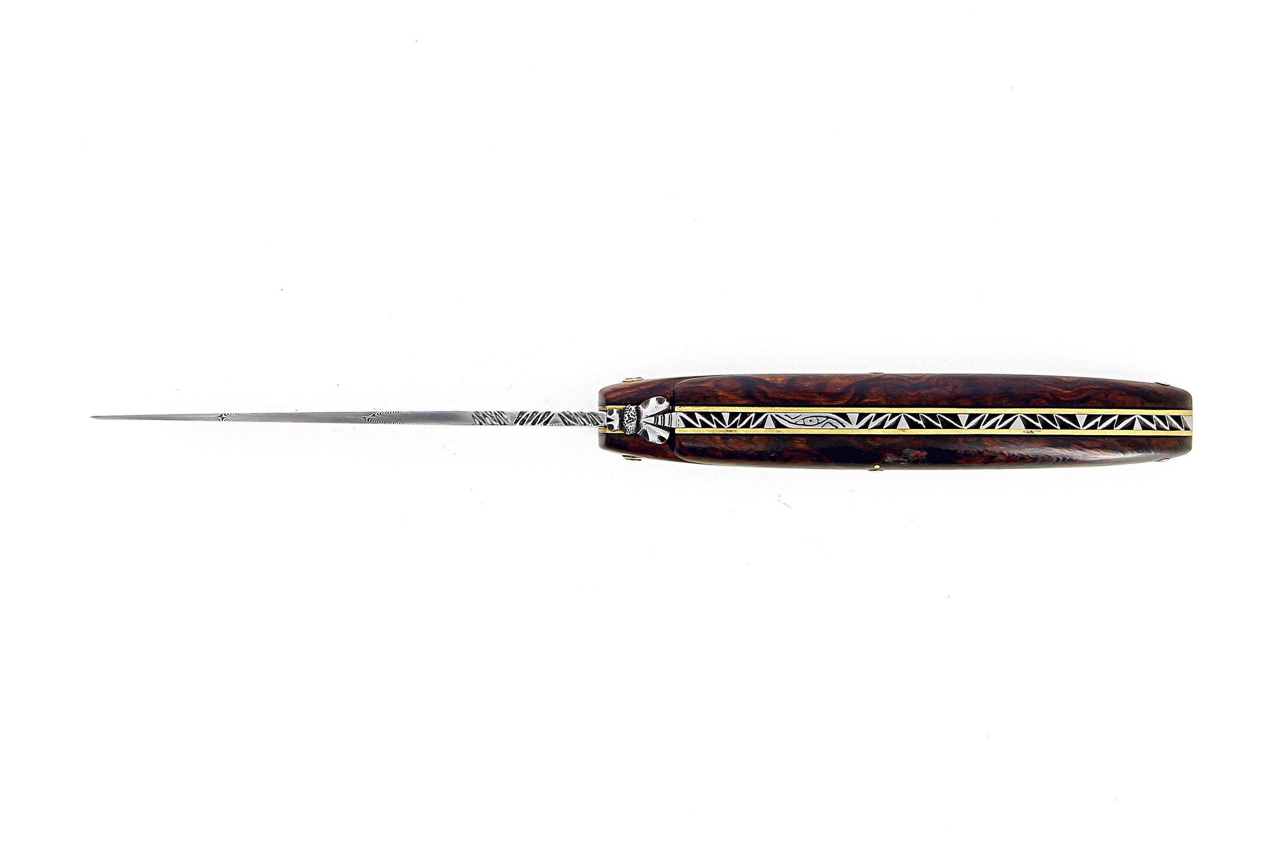 Laguiole 12 cm Abeille Forgée plein manche en bois de fer,  platines laiton et lame damas inox
