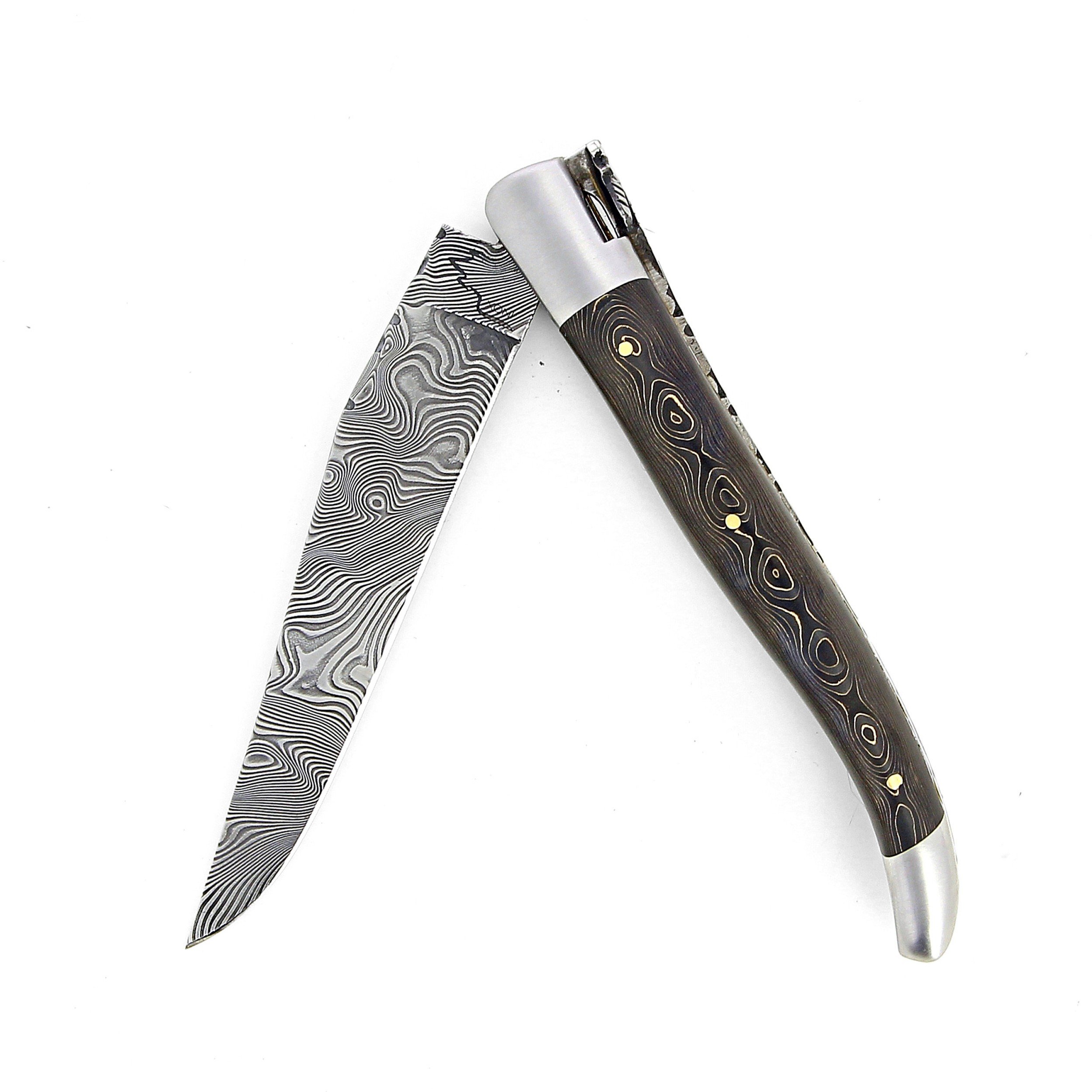 Laguiole 12 cm Abeille Forgée manche en fibre de carbone inclusion fil d'or et deux mitres inox platines guillochées lame damas inox
