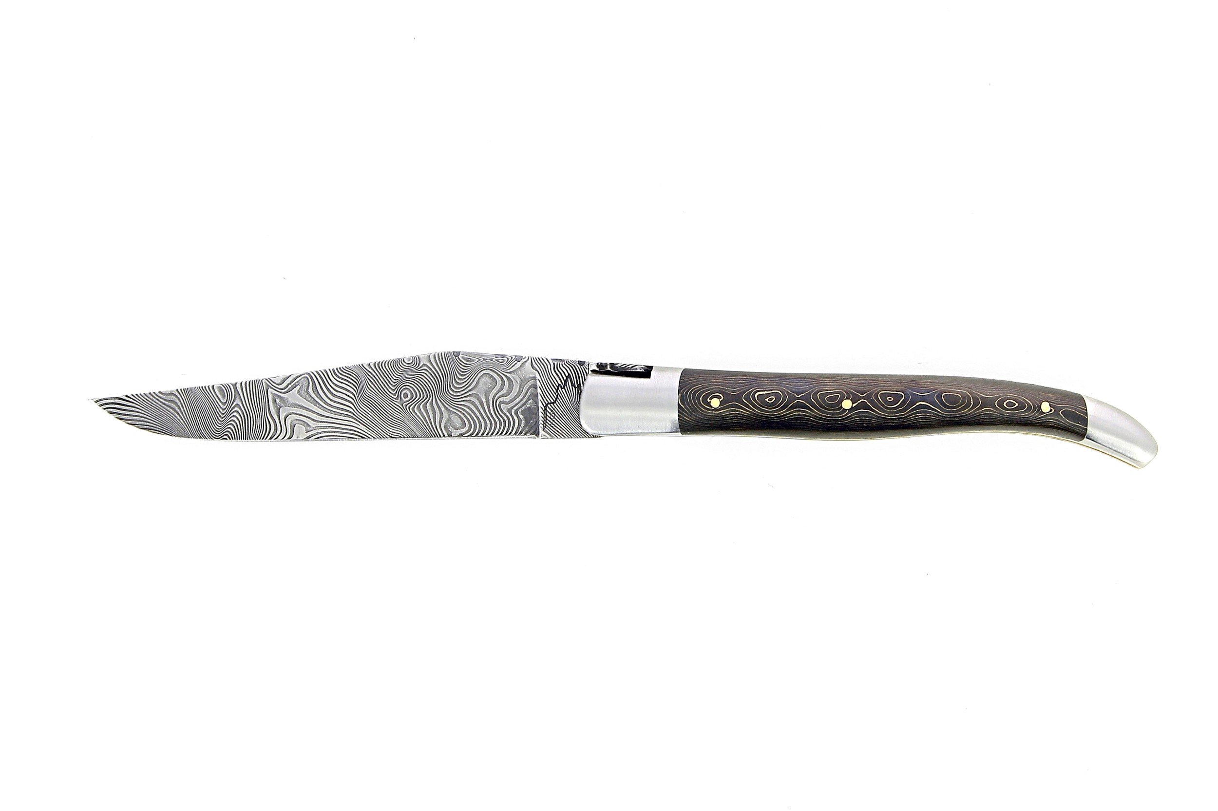 Laguiole 12 cm Abeille Forgée manche en fibre de carbone inclusion fil d'or et deux mitres inox platines guillochées lame damas inox