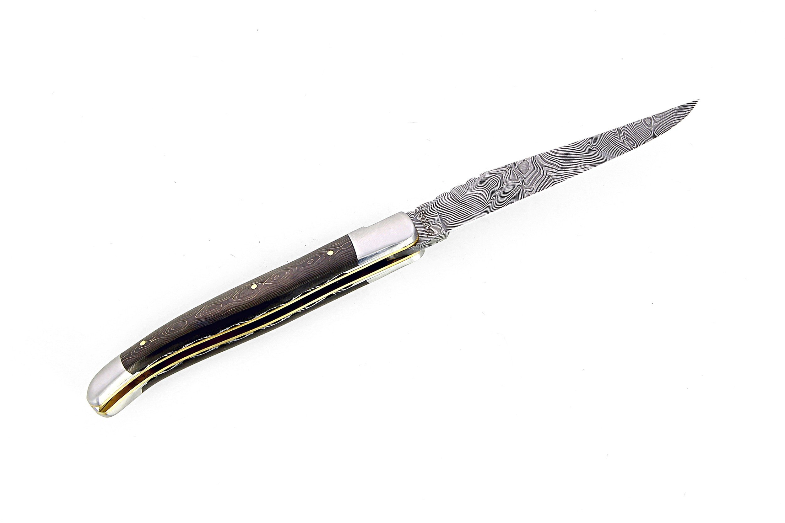 Laguiole 12 cm Abeille Forgée manche en fibre de carbone inclusion fil d'or et deux mitres inox platines guillochées lame damas inox